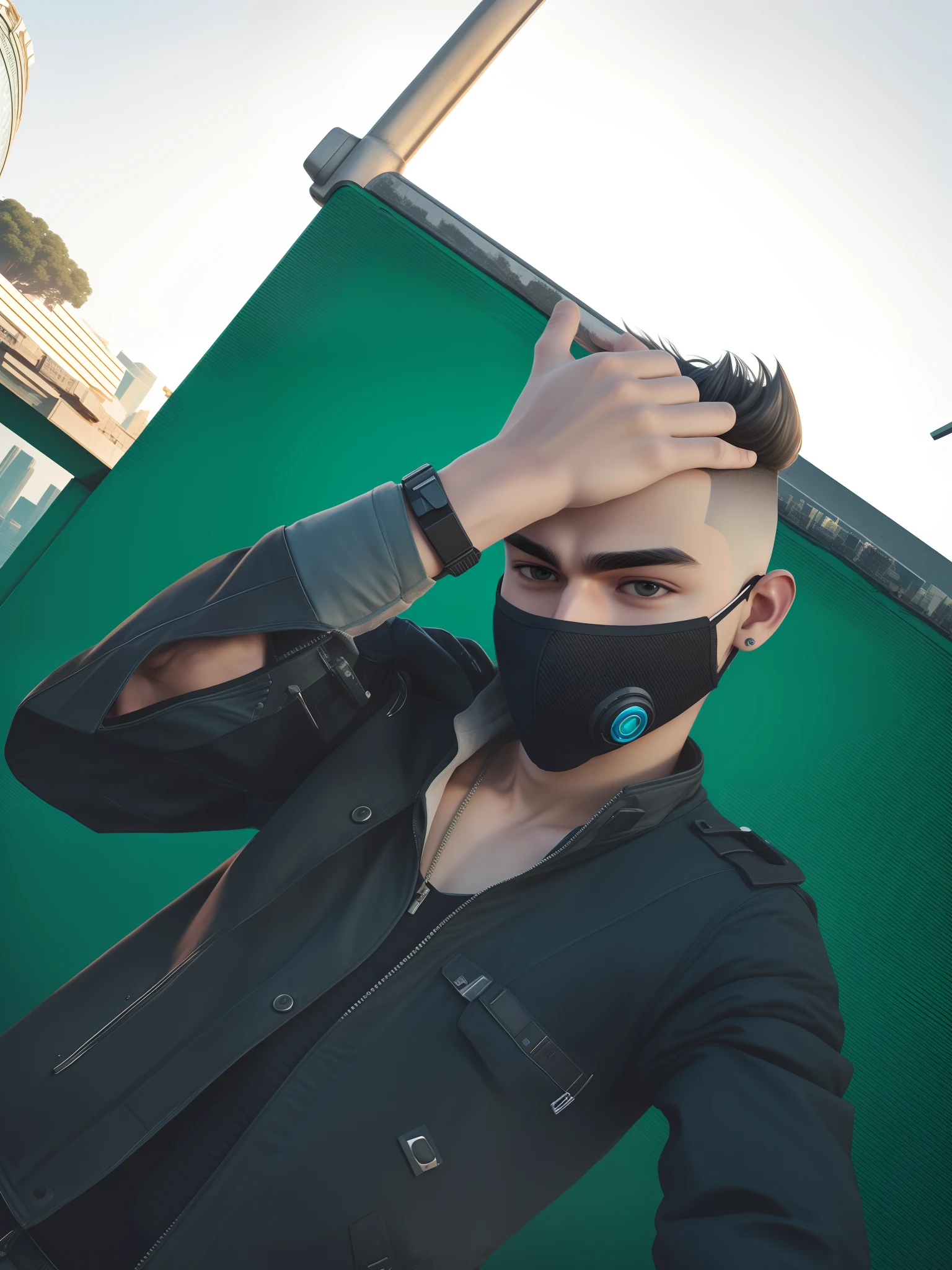 A handsome 18 years old boy with pump jacket and some bearded in his face, stylish hair, cyberpunk, ultra realistic, 8k, city in background, cute face, facemask,