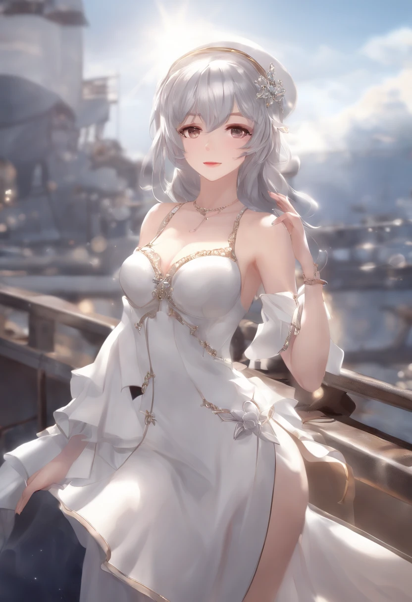 1girl, St. Louis (azur lane), Standing, upper-body, Dress, silver dress, (Revealing clothes:1.3), scenery,, anirl, Best Quality, extra high resolution,