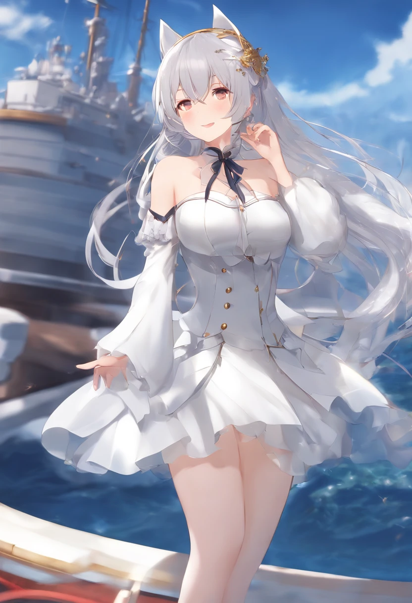 1girl, St. Louis (azur lane), Standing, upper-body, Dress, silver dress, (Revealing clothes:1.3), scenery,, anirl, Best Quality, extra high resolution,