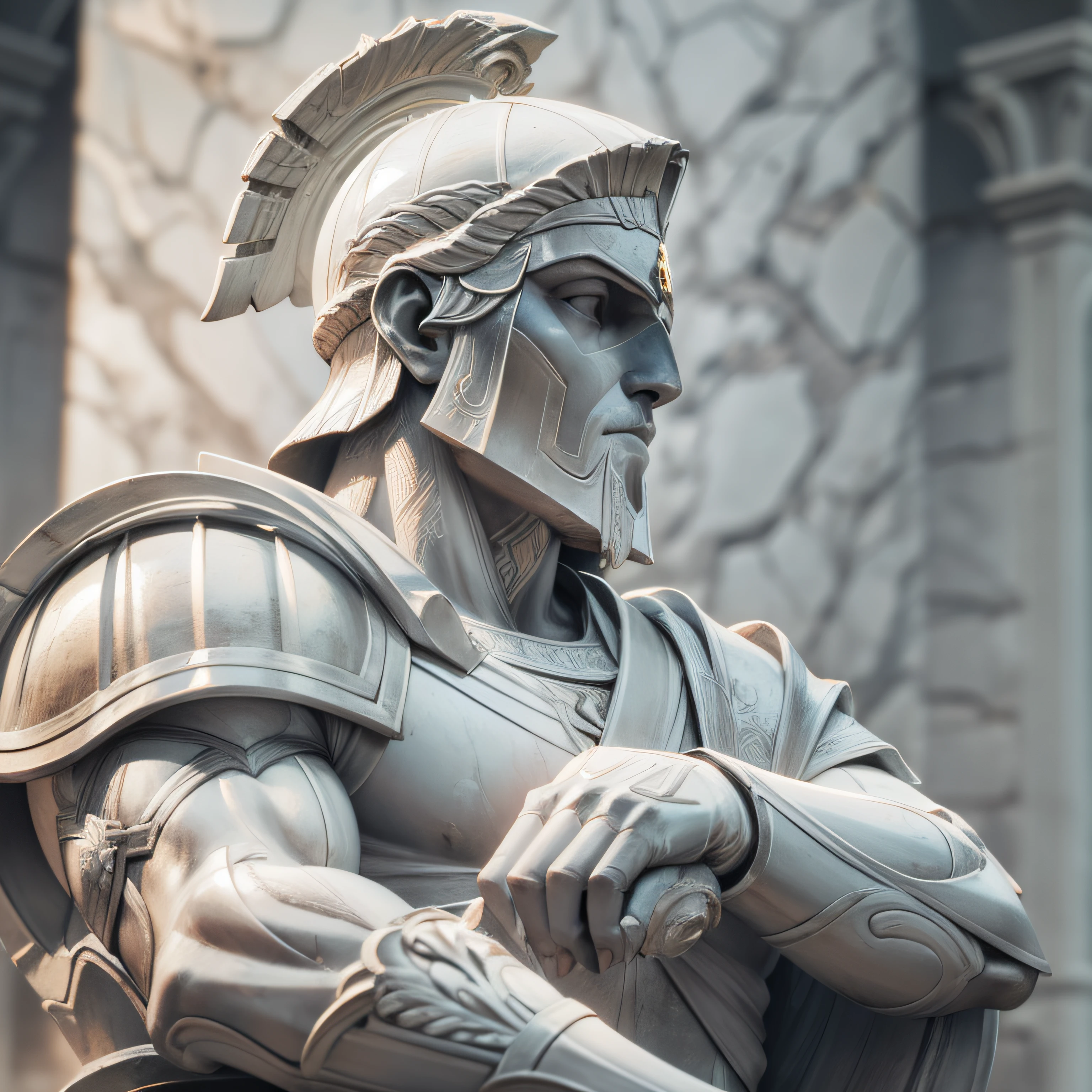 A realistic Greek white marble statue of Spartan thoughtful detailed wearing a spartan armor, fundo neutro, Moody, , fotorrealista, thoughtful movie dinner, super detalhada, hiper realista, luzes brilhantes, 8 K