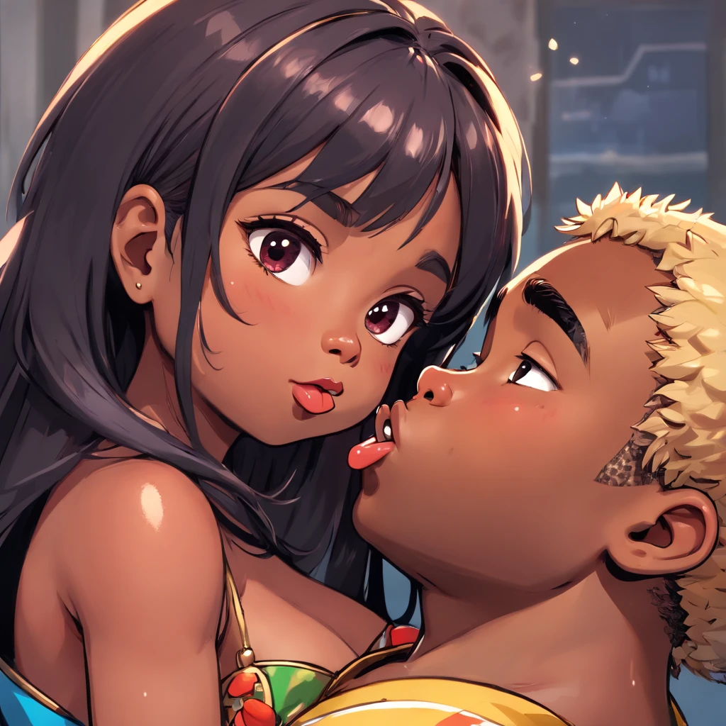 ((Photograph image of A hot Brobdingnagien sized Filipina giantess with gigantic, luscious, ginormagantuan, brobdingnagian sized thick lips, massively, smothering smooches a dwarf newborn black African boy on the entire dwarf black boy baby's minuscule face at once, the Filipina giantess's huge thick lips are much larger than the dwarf black boy baby's entire head while smooching the black boy's face)), ((as a result The Filipina giantess's wet, gigantic lips covers the entire dwarf black boy baby's miniscule head while smothering the black tiny boy, the Filipino giantess's ginormagagantuan huge lips engulf all of the dwarf black baby boy's chin and ends on the top of his forehead, the entire tiny black baby boy's face is completely suffocated by the Filipina giantess's gargantuan thick lips, along with the Filipina giantess's thick drooling saliva and lipstick splashes on the tiny black baby boy's entire suffocating face abundantly while smooching the black tiny boy's tiny face)), ((Resulting on the tiny black baby boy start pleasuring, blushing while getting kissed, the black baby boy's start erecting and sexual climaxes on her tits abundantly)), ((the black midget boy gets sexual arousals way more and wants way more of the Filipina giantess's wet big tasty smooches)), ((vibrant, highly detailed, massive size difference))