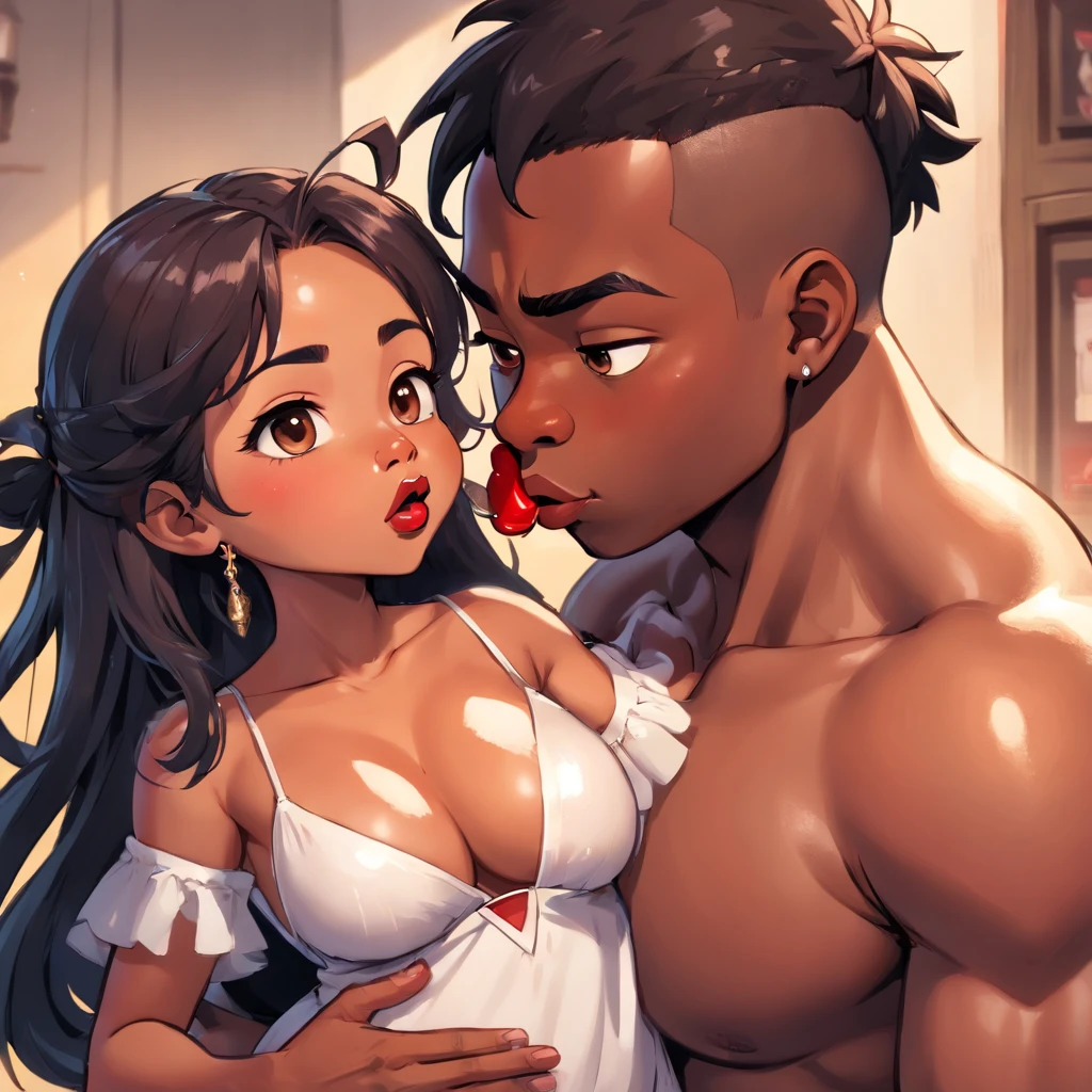 ((Photograph image of A hot Brobdingnagien sized Filipina giantess with gigantic, luscious, ginormagantuan, brobdingnagian sized thick lips, massively, smothering smooches a dwarf newborn black African boy on the entire dwarf black boy baby's minuscule face at once, the Filipina giantess's huge thick lips are much larger than the dwarf black boy baby's entire head while smooching the black boy's face)), ((as a result The Filipina giantess's wet, gigantic lips covers the entire dwarf black boy baby's miniscule head while smothering the black tiny boy, the Filipino giantess's ginormagagantuan huge lips engulf all of the dwarf black baby boy's chin and ends on the top of his forehead, the entire tiny black baby boy's face is completely suffocated by the Filipina giantess's gargantuan thick lips, along with the Filipina giantess's thick drooling saliva and lipstick splashes on the tiny black baby boy's entire suffocating face abundantly while smooching the black tiny boy's tiny face)), ((Resulting on the tiny black baby boy start pleasuring, blushing while getting kissed, the black baby boy's start erecting and sexual climaxes on her tits abundantly)), ((the black midget boy gets sexual arousals way more and wants way more of the Filipina giantess's wet big tasty smooches)), ((vibrant, highly detailed, massive size difference))