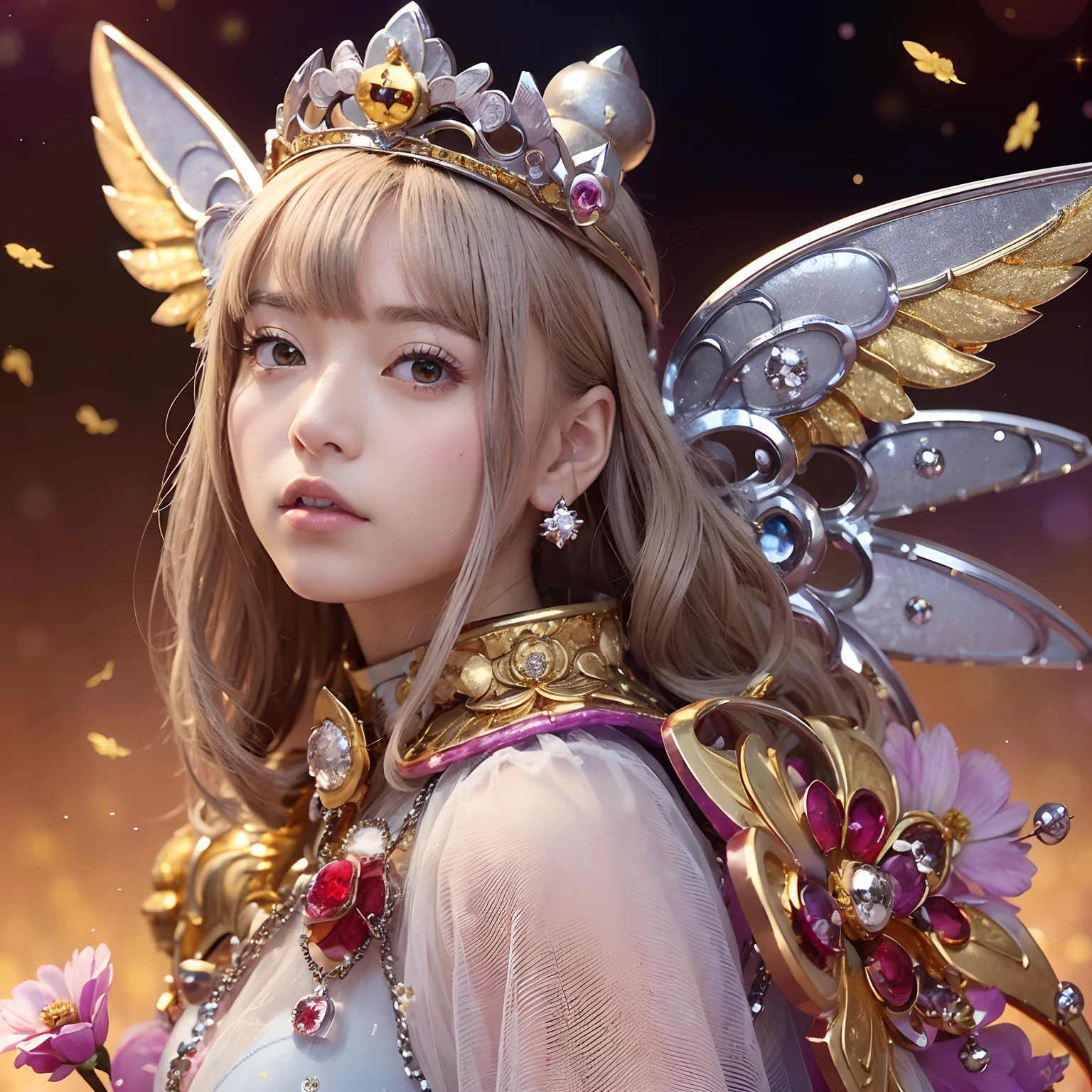 (masutepiece), Professional , masterpiece、top-quality、photos realistic , depth of fields (Gemstone Silver Metal Body:1.9),(Matte White、Jewel Gold Weapon、(Gorgeous castle background)、(ultimate beauty girl)、(Iridescent fairy wings grow on her)、(Metal:1.9),Gorgeous Jewel Metal Weapons , Detailed Sword of the Brave ,( Micro Bikini) ,warhammer 40k , adepta sororitas,Detail and ornate jewel crown、独奏、Brown hair、(Gangle's forest background)、Beautiful Caucasian beauty、1a person、dynamic ungle,(((Diamond tiara with detail and luxury)))、a small face、Powerful poses、(Gorgeous castle background)、20 year old beautiful woman、Stand in the center of the screen、Thin female fingers、Straight long hair、Beautiful Caucasian beauty、Hair fluttering in the wind、Particles of light、Micro Bikini、The wind is blowing、