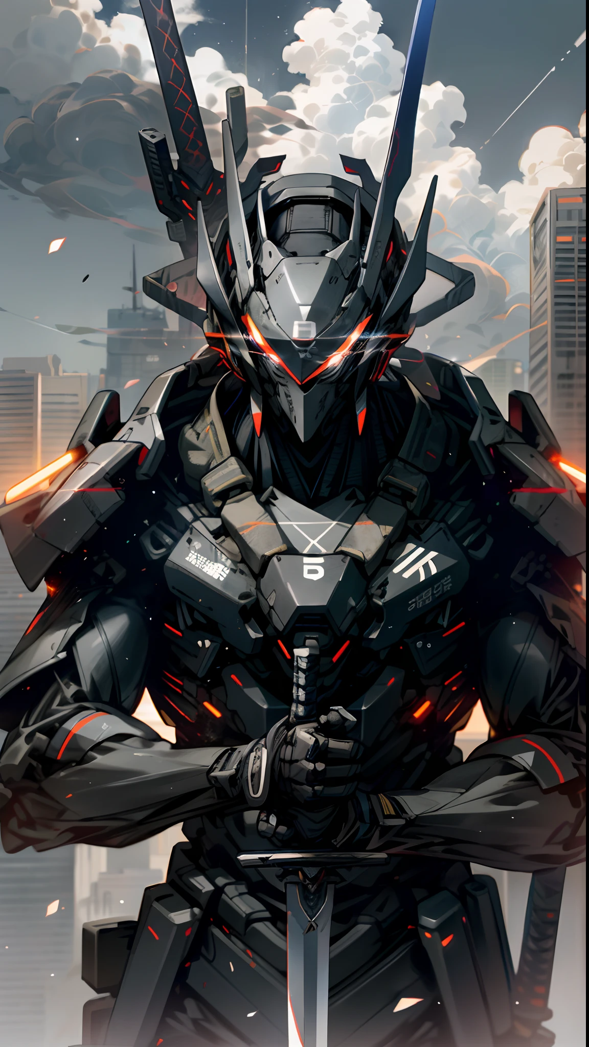 Skyscraper night sky, Cloud, Holding_arma, No_Humanity, Glow, Ninja robot, architecture, Science fiction, urban, Reality Upper body straight forward Glowing body Glowing red eyes holding a sword（Tachi weapons） a broad shouldered --v6