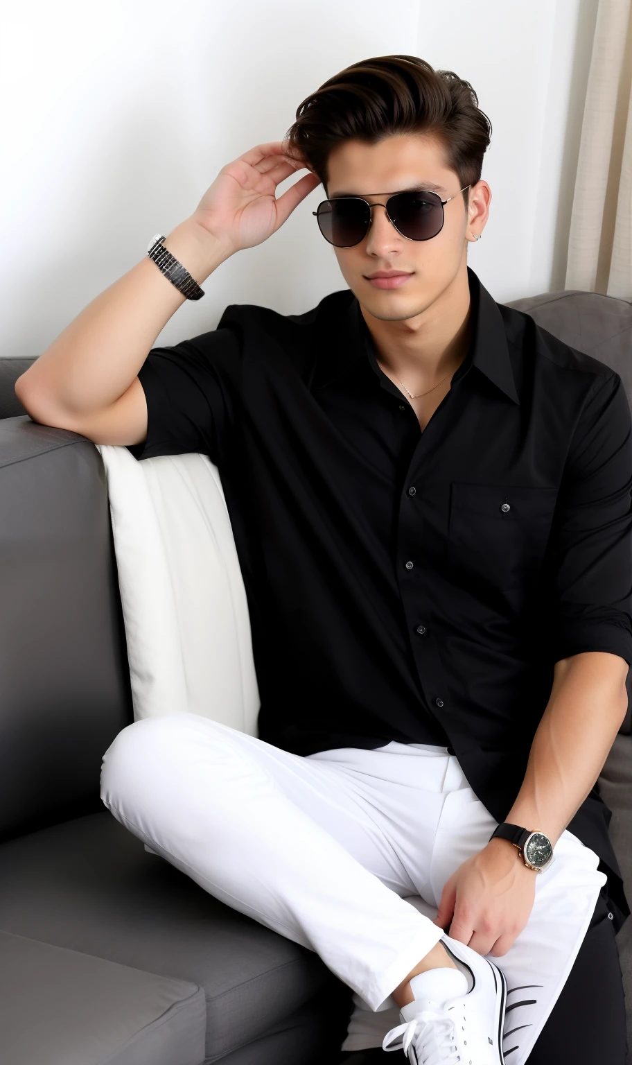 22 years old handsome man, wearing sunglasses, black , white shirt, full-length photo, real life, slept on the couch at home