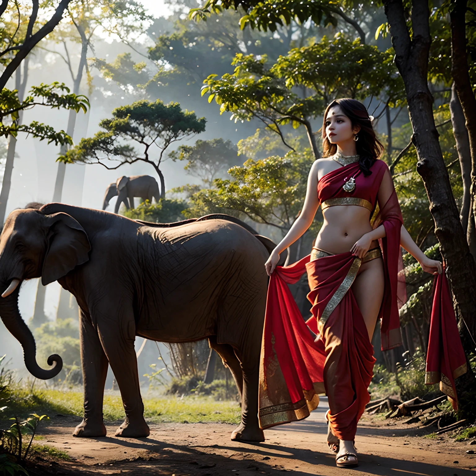 Indian girl walking naked in the forest. Red sari, walking with elephant. Detail body details, detail trees, detail nature.