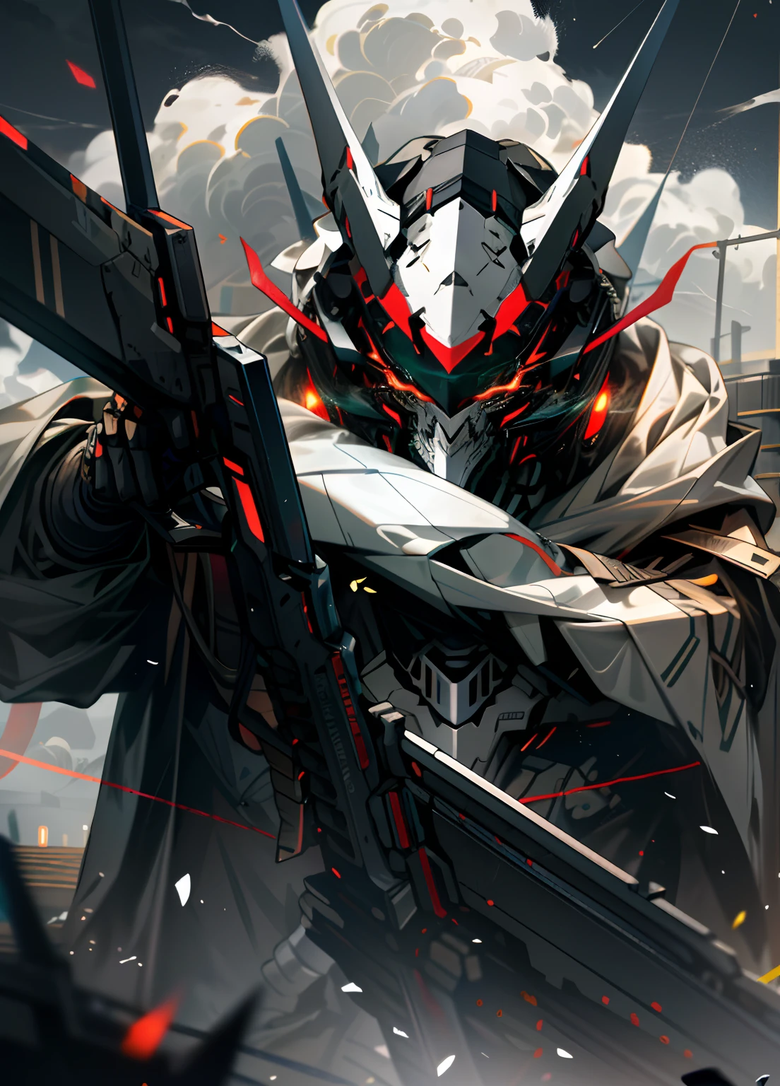 Skysky，​​clouds，Humanity，with light glowing，，Reload the bot，buliding，Glowing_Eyes，Reload mechs，scientific fiction，abyssal，Realistis，Weapons are anchors，Cross mask