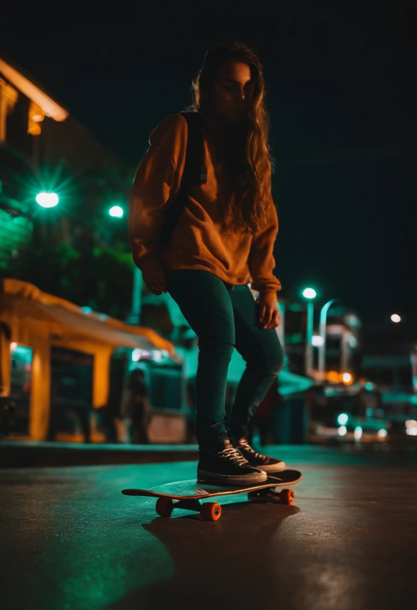 Crie uma Arte de skate com um background de uma cidade a noite