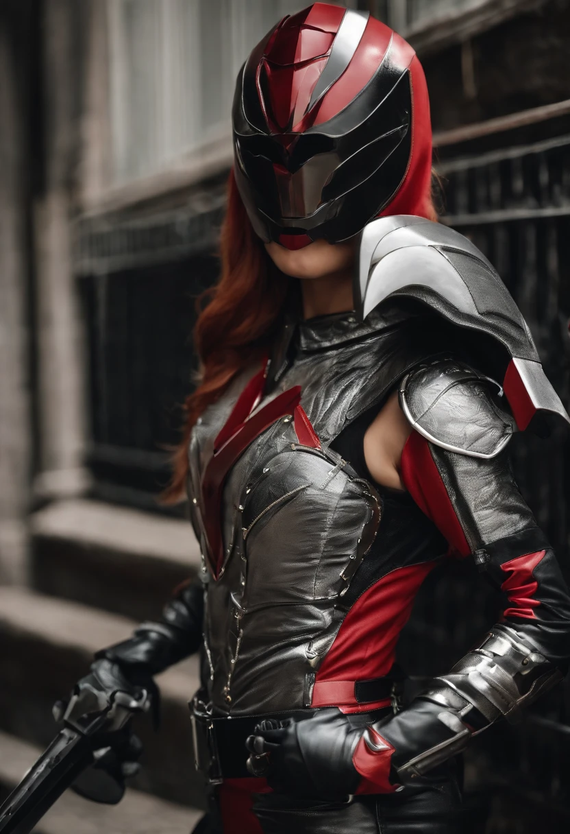 （（Girl Kamen Rider）），（（Steel Body Armor）），（（Transformation belt with knife holster）），（（（Full face mask made of steel））），（（（Leather bodysuit））），