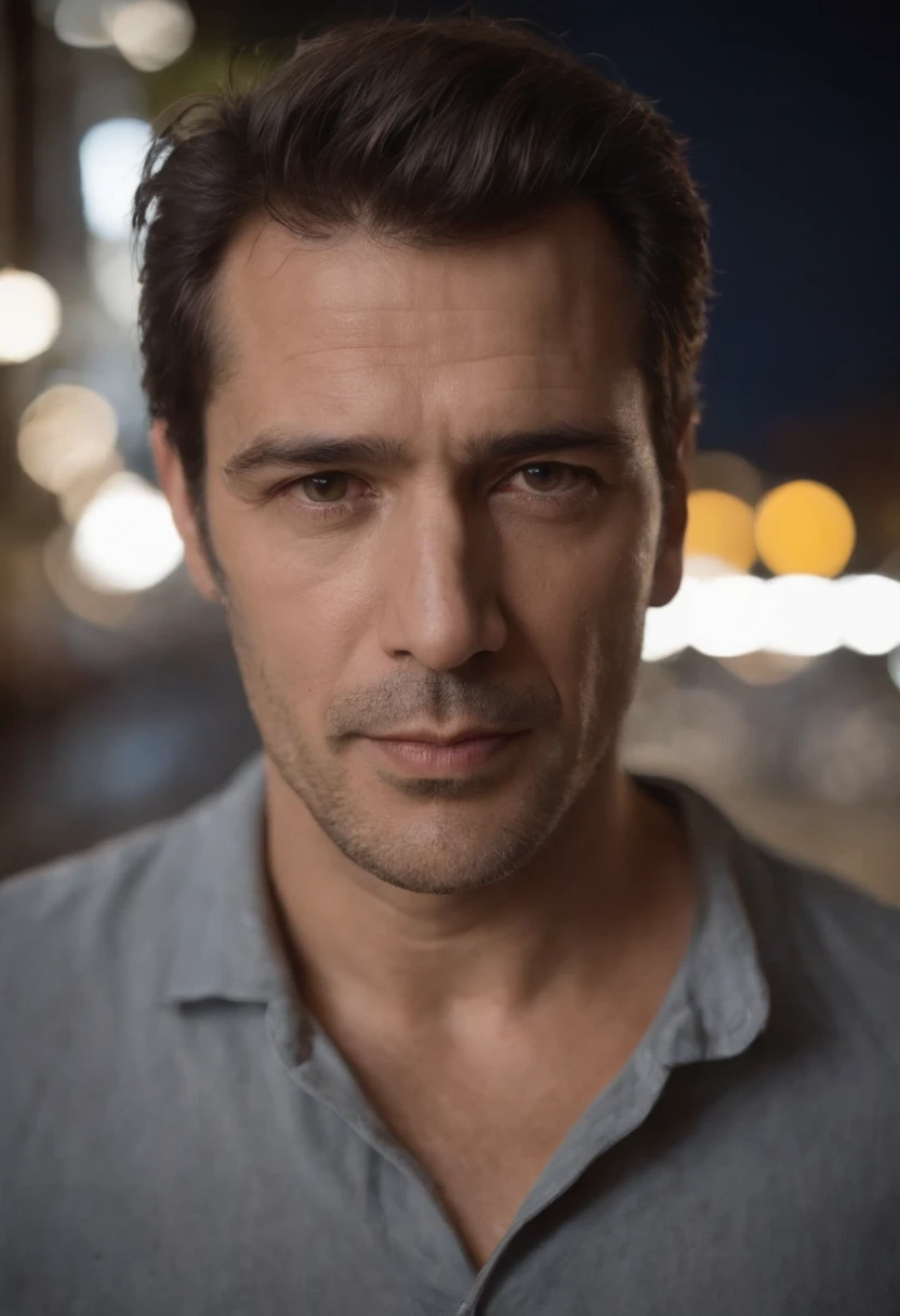 Portrait of 44-year-old man, cabeza ovalada, frente prominente, cabello oscuro, rounded chin, nariz bulbosa un poco respingona y redondeada, Character nose ,ojos hundidos y vivaces, ojos marrones calle de Torino, noche, paisaje urbano, luces de la ciudad, parte superior del cuerpo, remera color durazno, plano americano, 8k, foto RAW, mejor calidad, obra maestra, realista, fotorrealista,
