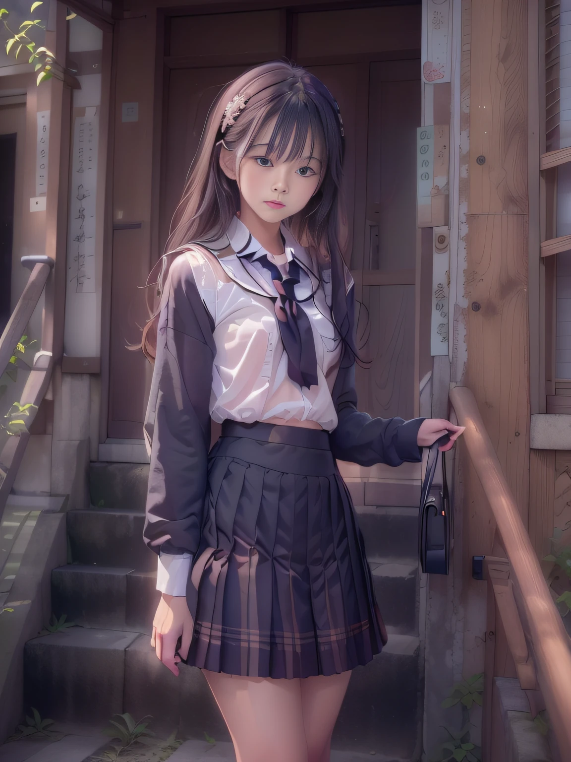 There is a woman leaning against the building holding a briefcase, Seifuku, wearing Japan school uniform, Japan school uniform, 80s Japan photo, Japan girl uniform, inspired by Rokkaku Ayako, sailor suit, black sailor suit, pleated skirt, ((skirt lift: 1.6)),glasses,1 girl、small、thin legs、female 1 person, 14 year old girl,solo,solo,feeling face, nasty expression, white skin, soft lips, full body portrait, slim figure, delicate face, cute face, beautiful detailed girl, very detailed eyes and face, beautiful detailed eyes, abandoned school building, raw photo, light makeup, thin eyebrows,