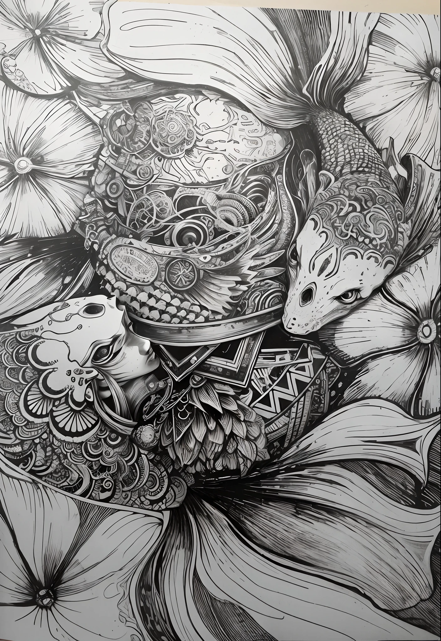 best qualtiy,tmasterpiece,超高分辨率,(photograph realistic:1.4),ultra-realistic realism,Dream-like,Beautiful blue-skinned elves,There is a phoenix peacock on its head, Nautilus, a betta fish,The creation of fantasy,Brain conch,Dream Conch,Biopunk Nautilus,Thrilling color scheme, ultra-realistic realism, abstracted, psychedelia,Embroidered texture