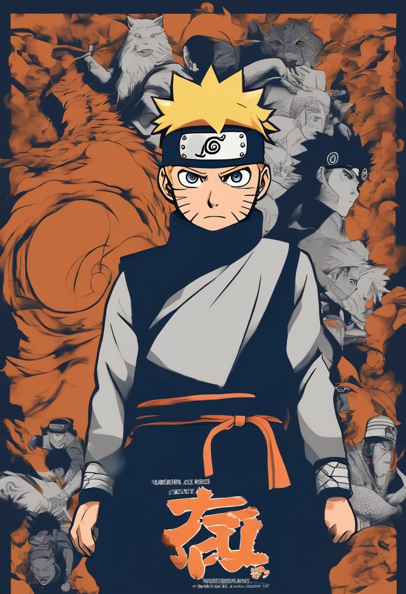 "Create a breathtaking movie poster inspired by Masashi Kishimoto's Naruto, showing the legendary Naruto Uzumaki in all his glory, roupa na cor azul e preta no beco cidade urbana