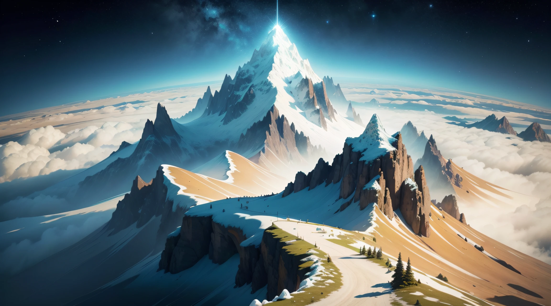 FUTURISTA 4K, um mapa visto de cima, e no centro do mapa uma montanha com uma bandeira no topo, It is essential that the top of the mountain appears, the map shows that there are several paths, but only one leads to the top of the mountain. 4k, realista, inspirador, All this is seen by a visionary person, com os sonhos vibrantes