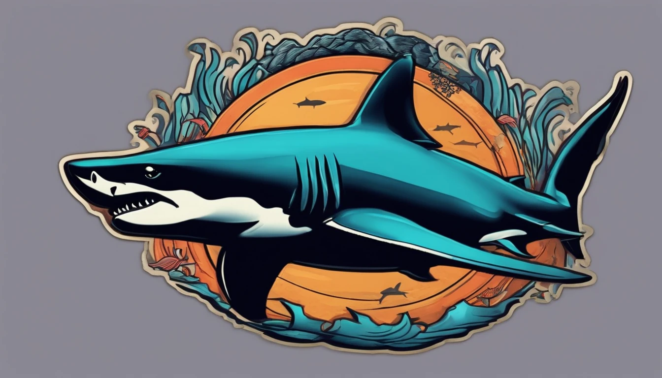 /imagine prompt: shark illustration for a sticker with a black background, in bold outline style, jagged edges, trashcore, light shading --v 5.2