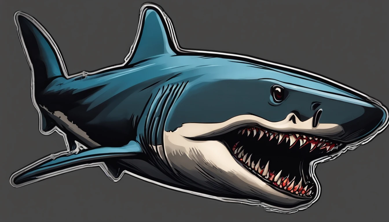 /imagine prompt: shark illustration for a sticker with a black background, in bold outline style, jagged edges, trashcore, light shading --v 5.2