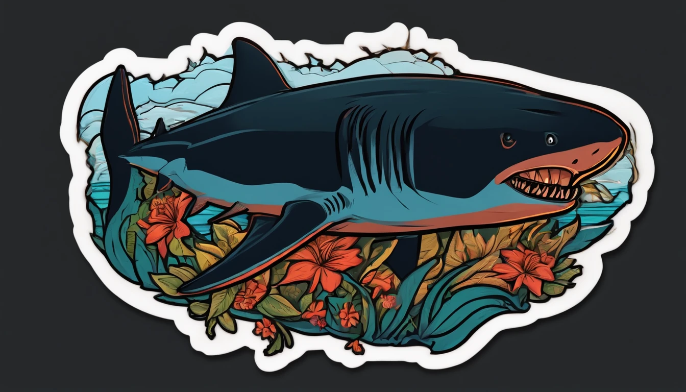 /imagine prompt: shark illustration for a sticker with a black background, in bold outline style, jagged edges, trashcore, light shading --v 5.2
