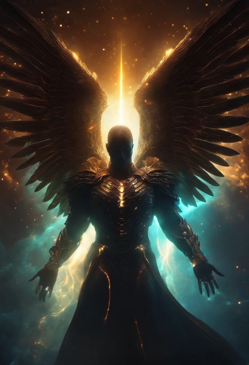 Cosmic Fallen Angel, glowing light eyes, Biomechanical, eerie, Creepy, nightmarish, Very bright colors, Light particles, with light glowing, Mshiff, wallpaper art, UHD wallpaper