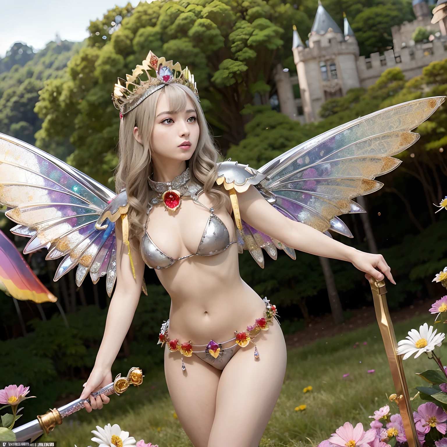(masutepiece), Professional , masterpiece、top-quality、photos realistic , depth of fields (Gemstone Flower Metal Body:1.4),(Matte Silver、Jewel Gold Weapon、(Gorgeous castle background)、(ultimate beauty girl)、(Flower rainbow fairy wings grow)、(Jewel Flower Metal Body:1.9),Gorgeous Jewel Metal Weapons , Detailed Sword of the Brave ,( a blond) ,warhammer 40k ,((Floral Micro Bikini))、Particles of light、(Beautiful flower garden background)、 adepta sororitas,Detail and ornate jewel crown、2guys、Brown hair、(Gangle's forest background)、Beautiful Caucasian beauty、dynamic ungle,(((Diamond tiara with detail and luxury)))、a small face、Powerful poses、(Gorgeous castle background)、huge filesize、20 year old beautiful woman、Thin female fingers、Straight long hair、Beautiful Caucasian beauty、Valley、Fairy of Light、Particles of light、