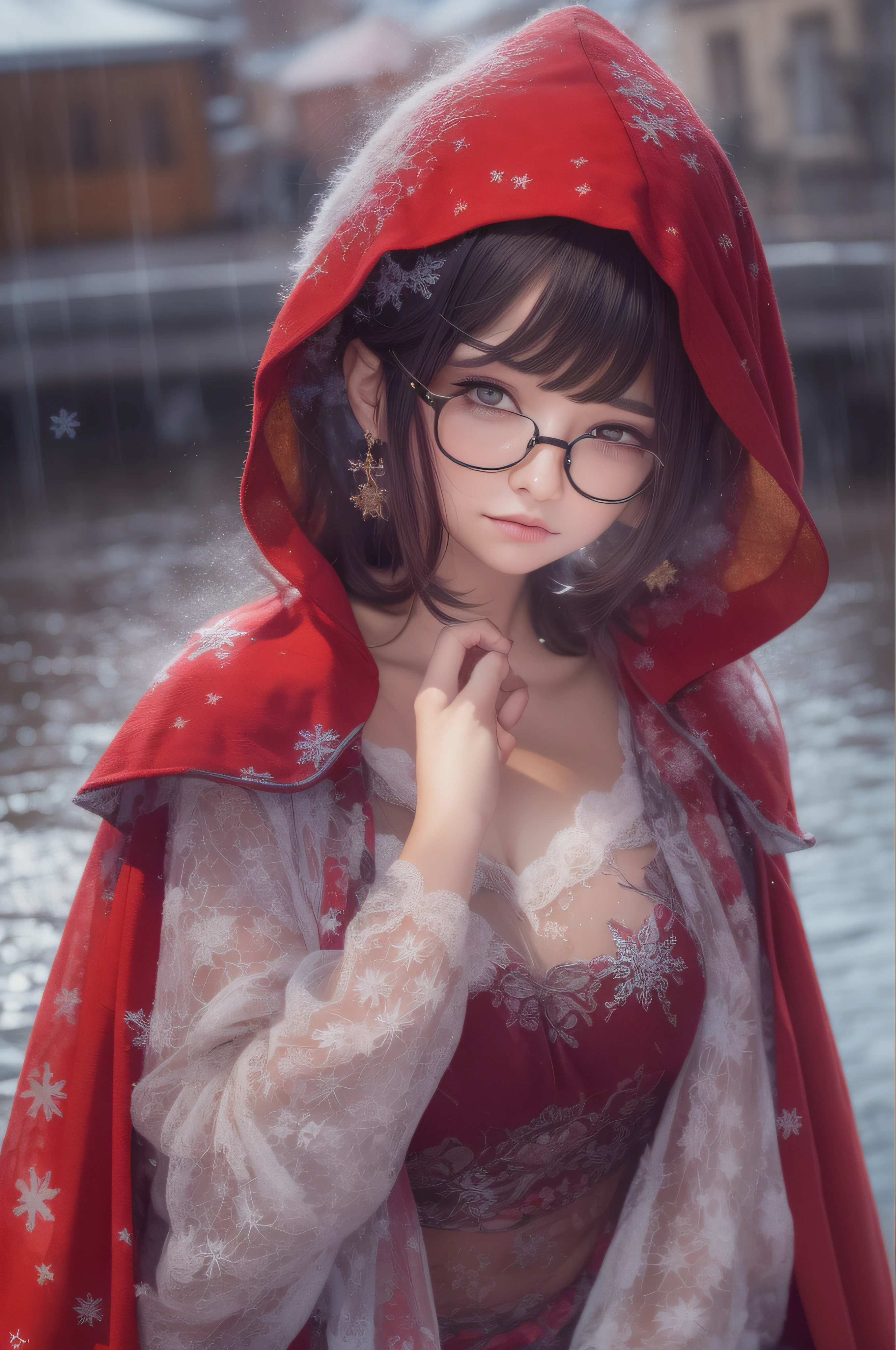 a matural female, intelligence, Delicate facial features, Beautuful Women, Red cape, Face the lens, Full breasts, Slim figure, beautifullegs, k hd, Highest image quality, The body is curvy, wears glasses, The background is by the river on a rainy day, black hair, bangs pinned back, clover hair ornament, snowflake hair ornament, chiaroscuro, Eye-Level Shot, UHD, high quality, highres, UHD