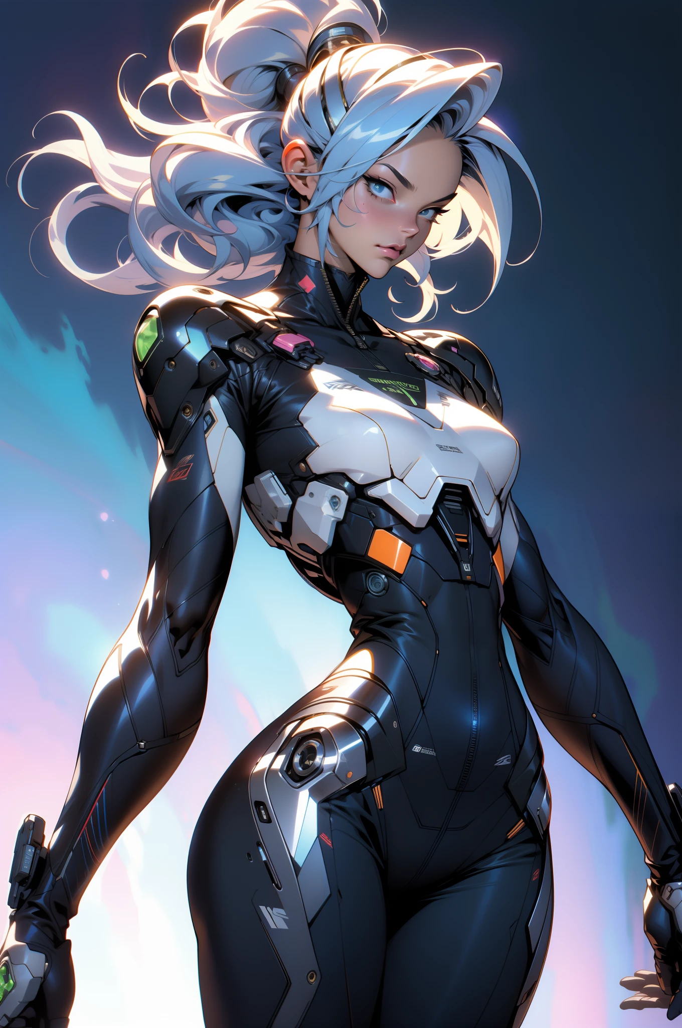 (((adult woman))), ((Best quality)), ((masterpiece)), (detailed: 1.4), (Absurd), warrior muscular adult woman of 35 years with micro thong in the style of Simon Bisley, perfect body, bare thighs, neckline, large breasts, blue 2-piece clothing, almost naked, long white hair, tattoo on the arms, cybernetic hand, pastel, centered, scale to fit the dimensions, HDR (High Dynamic Range), Ray Tracing,NVIDIA RTX,Super-Resolution,Unreal 5,Subsurface Dispersion, PBR Texture, Post-processing, Anisotropic Filtering, Depth of field, Maximum clarity and sharpness, Multilayer textures, Albedo and specular maps, Surface shading, Accurate simulation of light-material interaction, Perfect proportions, Octane Render, Two-tone lighting, Wide aperture, Low ISO, White balance, Rule of thirds, 8K RAW
