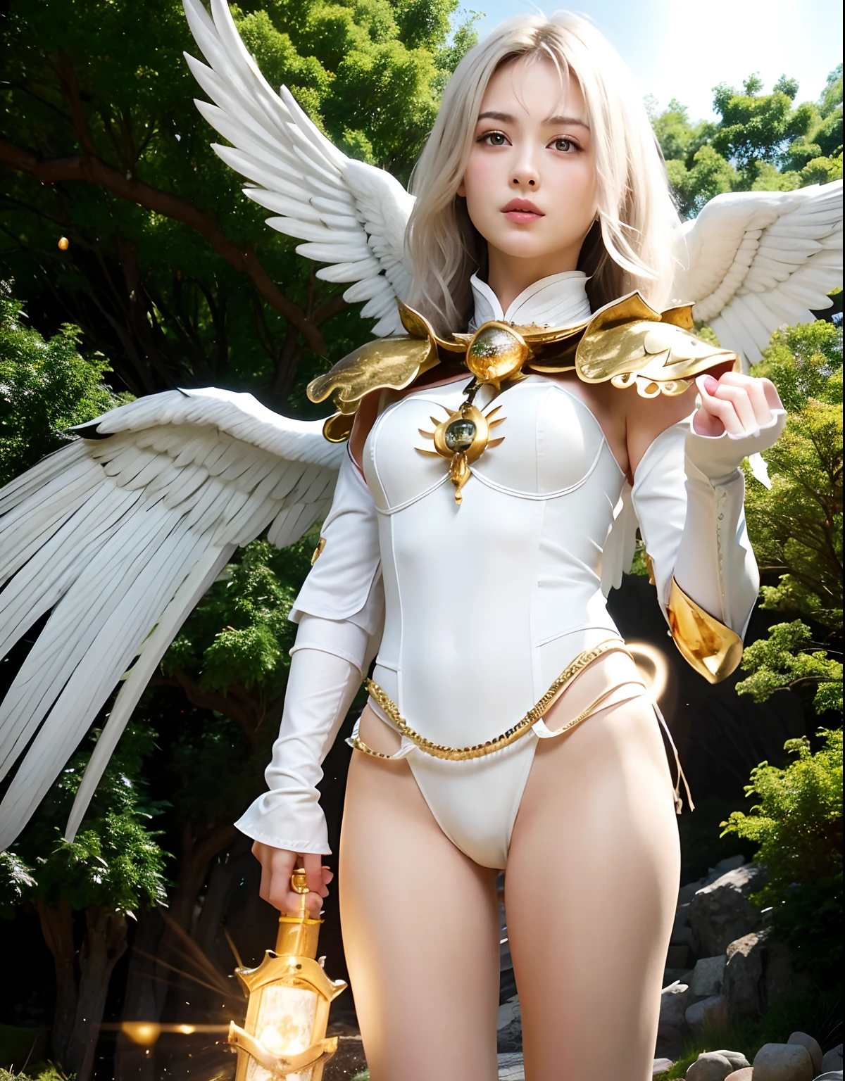 Professional , masterpiece、top-quality、photos realistic , depth of fields 、(White bikini armor)、(Particles of light)、Jewel Gold Weapon、Particles of light),Gorgeous gold weapons ,(( Gorgeous Dragon Sword)) , (White angel wings grow),(maikurobikini) 、((White hair))、(Castle background)、((Gangle's forest background))、Beautiful Caucasian beauty、1a person、dynamic ungle,(((A small ring of light floating overhead)))、Smaller head、Idle Smile、Thin and beautiful female hands、Mystical expression、Light Effects、intense fighting、Wind-effect、magic circles、(White angel wings grow)、