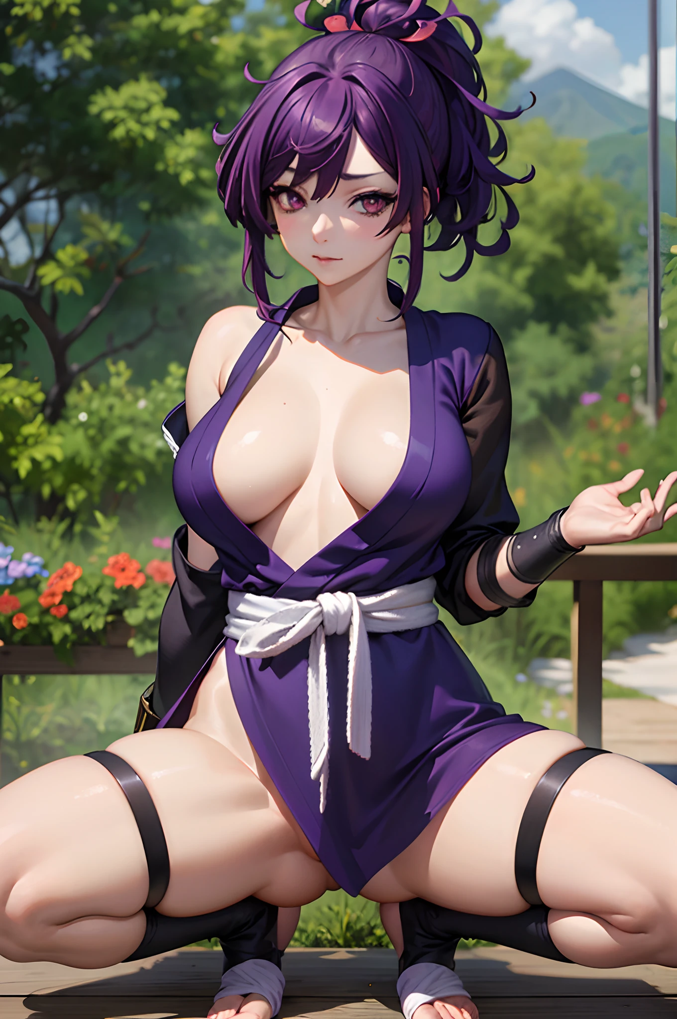 small breasts, best quality, masterpiece,1girl, yuzuriha_(jigokuraku), purple hair, brown eyes, ninja, open clothes, cleavage, , topknot,  japanese exterior, temple, sengoku period town, town, from below, spread legs