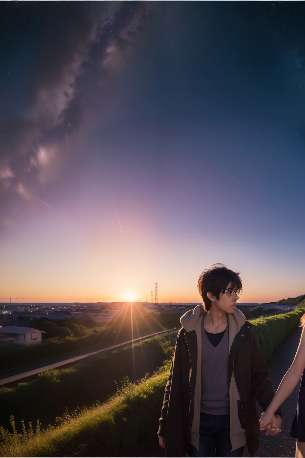 comic strip，anime big breast，Makoto Shinkai anime，Makoto Shinkai concept art animation，（Romantic pink train：1.4），Brilliant starry sky，the setting sun，Sunset，lindo cenario，super-fine，tmasterpiece，8K，best qualtiy