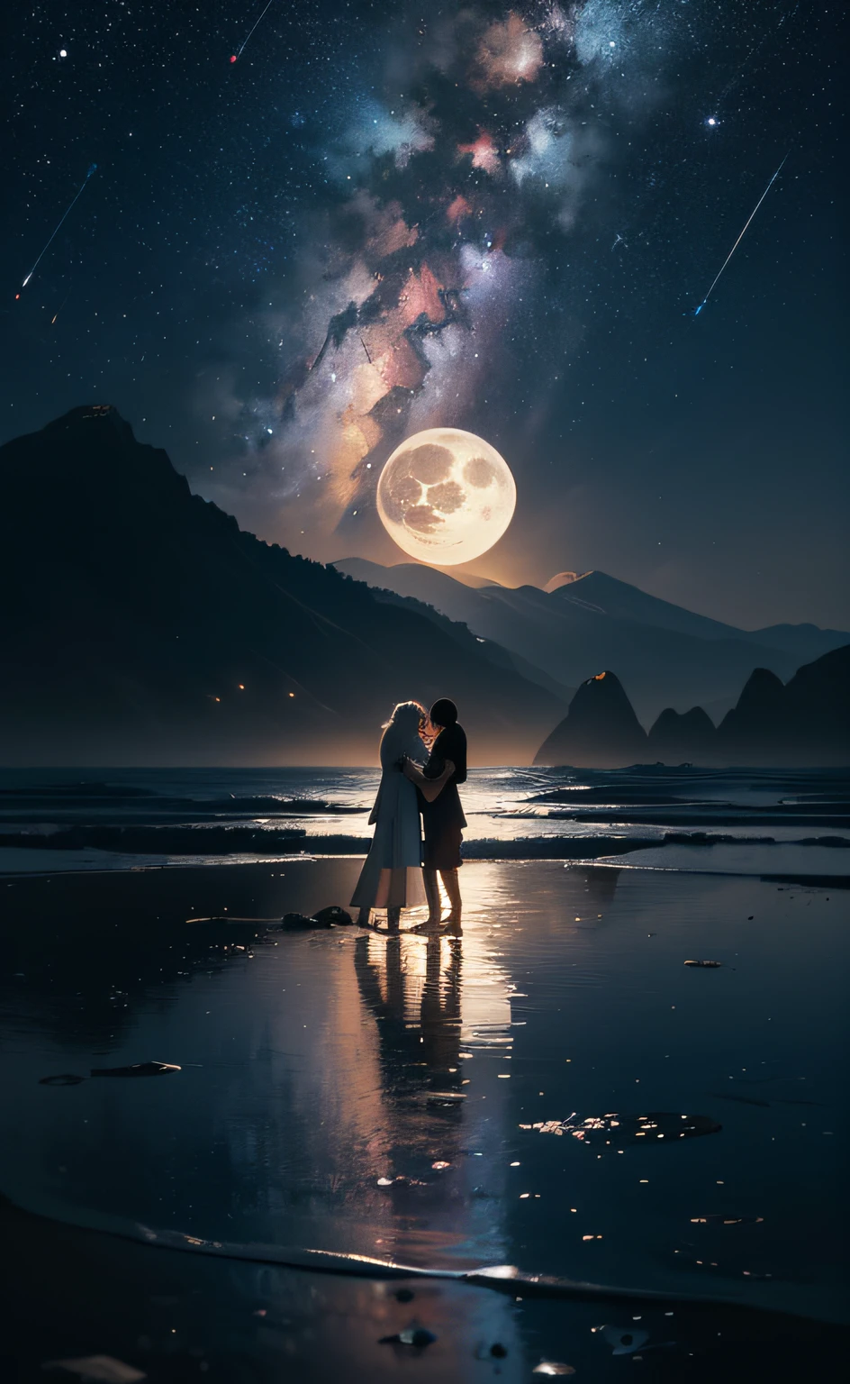 obra-prima, melhor qualidade, ultra-detalhado, illustration, Couple in love holding hands under the moonlight, Full moon in dark sky, solo, Ao ar livre, acampamento, noite, montanhas, natureza, Estrelas, lua, fogueira, floresta, Pedras, rio, madeira, smoke billowing, Sombras, contraste, sky clear, constellations, milky ways, peaceful, sereno, quieto, tranquilo, remoto, isolado, perseverance, resistance, resistance, observation, intuition, adaptabilidade, Criatividade, imagination, arte, inspiration, beleza, admiration, maravilha, gratitude, appreciation, relaxamento, Prazer, rejuvenescimento, mindfulness , consciousness, connectedness, harmonia, equilibrar, textura, detalhe, realismo, profundidade, perspectiva, compositing, cor, luz, sombra, reflection, refraction, tom, contraste, primeiro plano, meio termo, fundo, naturalista, figurativo, representacional, impressionista, expressionista, abstrato, inovador, experimental, only one, grande lua cheia