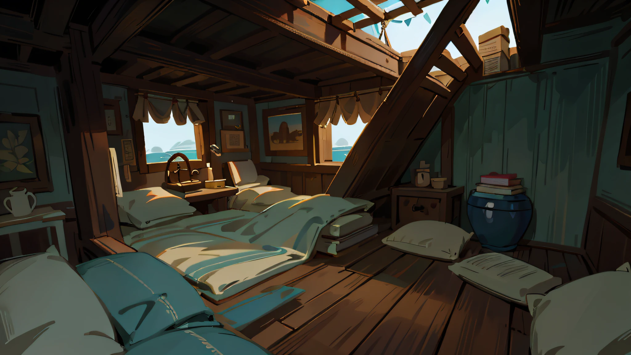 a detailed scene inside a large, ancient wooden ship, best quality, ultra-detailed, realistic:1.37. The ship is adorned with intricate carvings and elaborate designs, showcasing the craftsmanship of the era. The interior is dimly lit, with soft rays of sunlight peeking through the small windows, casting a warm glow on the wooden floor. The air is filled with a faint scent of the ocean, reminding of the ship's adventures. The walls are lined with rows of neatly stacked barrels, their wooden texture adding to the authenticity of the scene. In the center of the ship, there is a tall mast, rising towards the ceiling, with ropes and sails attached, ready to catch the wind. On the deck, there is a beautifully crafted steering wheel, intricately designed with brass accents. The ship's captain stands proudly at the helm, his weathered face reflecting years of experience. The crew members, dressed in sailor uniforms, are diligently attending to their duties, their expressions focused and determined. The atmosphere is filled with a sense of adventure and anticipation. The color palette is dominated by various shades of brown and warm earth tones, creating a nostalgic and cozy ambience. The lighting is natural and soft, casting gentle shadows and highlighting the textures of the ship's interior. This prompt captures the essence of being inside a ship, providing an immersive experience to the viewers.