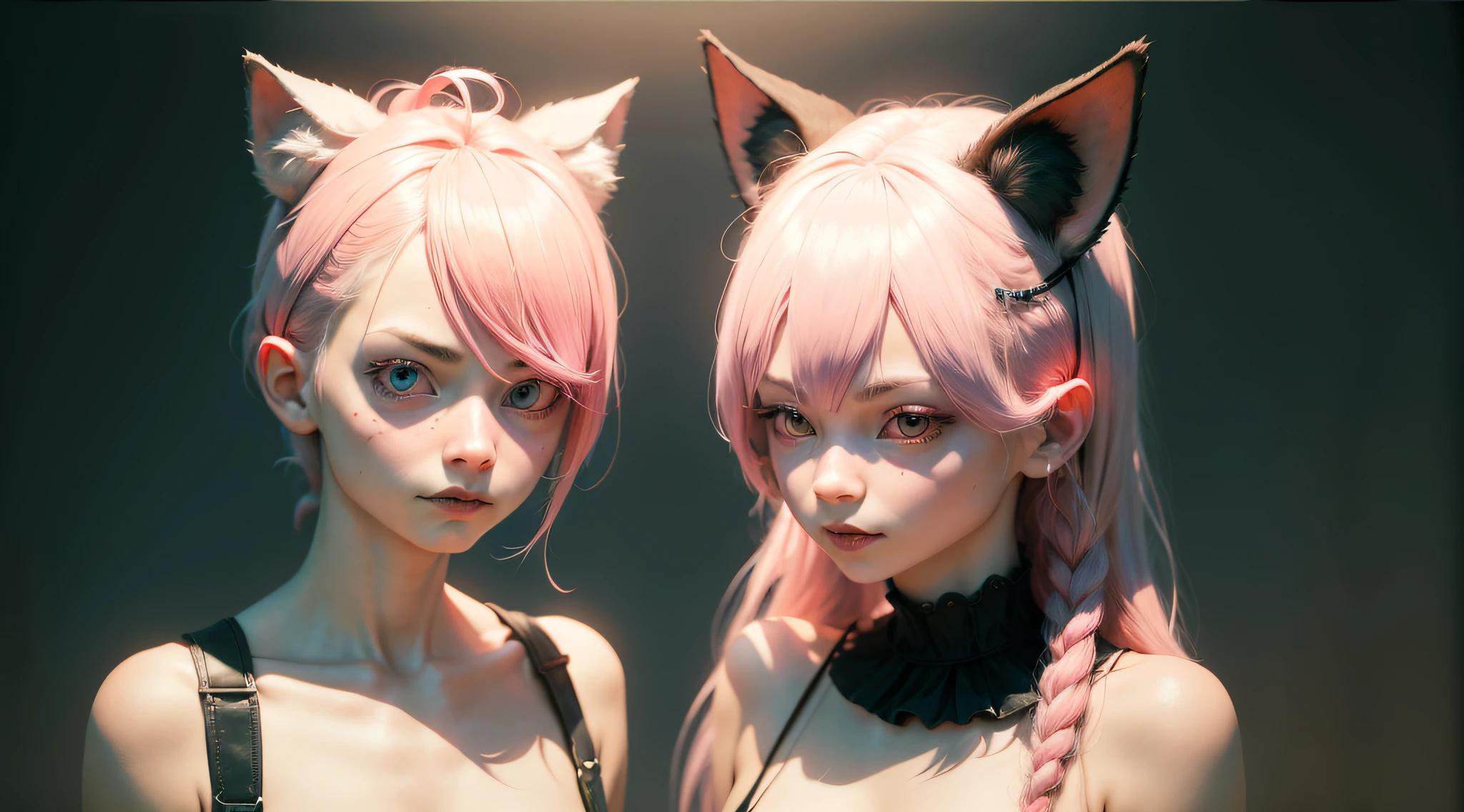 boy and girl side by side, identical twins, both pink hair, wince, long eyelashes, solid circular eyes, fake animal ears, slight smile, ear flush, fang, surrealism, drop shadow, anaglyph, stereogram, tachi-e , pov, atmospheric perspective, 8k, super detail, accurate, best quality