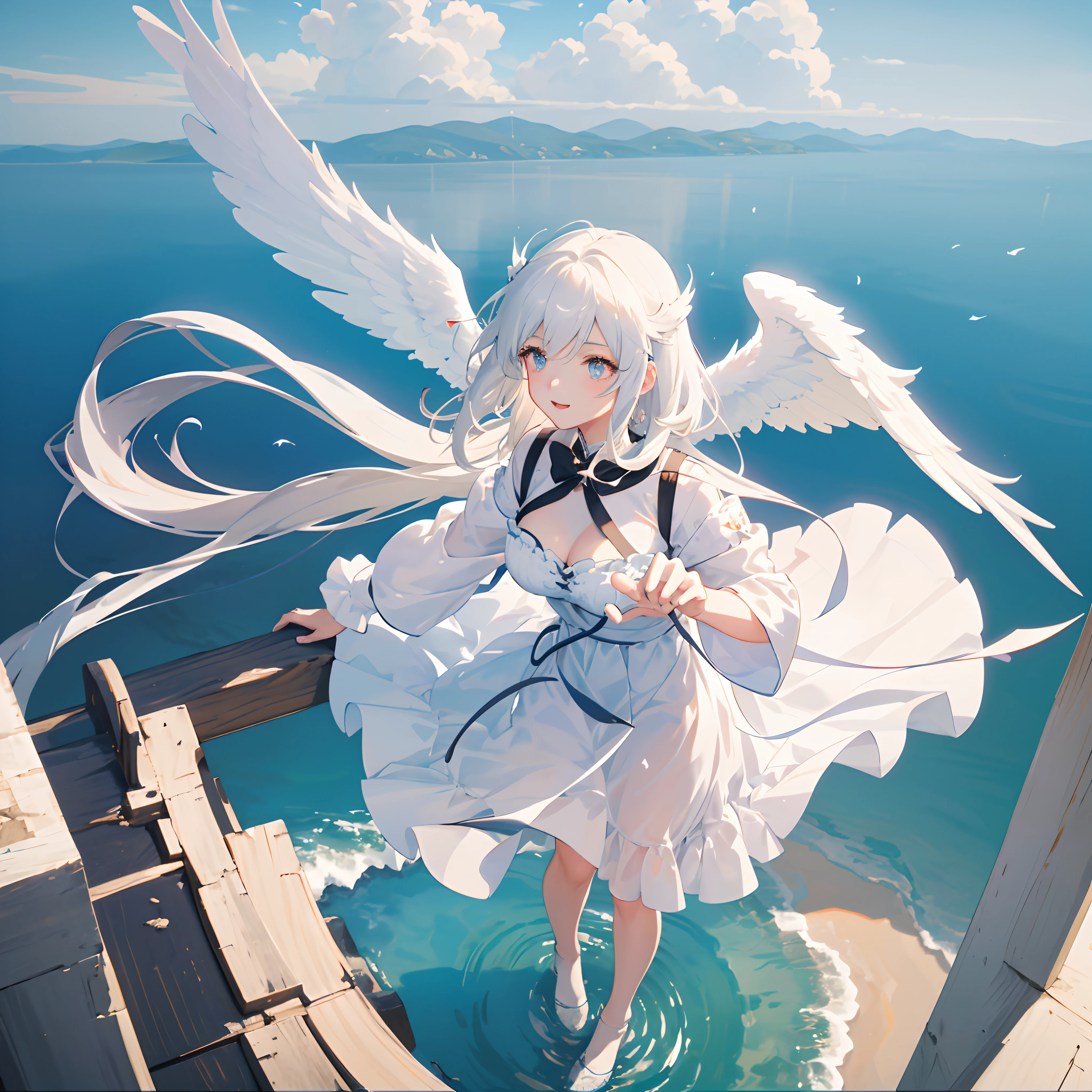 tmasterpiece，best qualtiy，cinematic Film still from，1girl，Floating in the sky，Cloud Girl，​​clouds，（closeup cleavage：1.1），brightly，cheerfulness，intriguing，gentlesoftlighting，（bauhause，shape，lineworks，abstracted：1.1）tmasterpiece、anime - style image of a woman in a white dress with wings, Guweiz in Pixiv ArtStation, of an beautiful angel girl, full - body majestic angel, young wan angel, angel knight girl, angel girl, high detailed official artwork, Digital art on Pixiv，Greatly looked up
