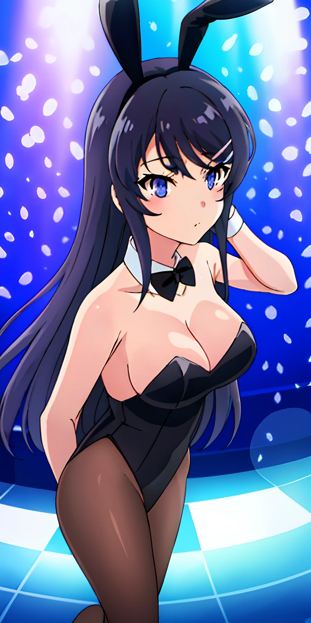 Meisterwerk, best quality, 8K, 1girls, beautiful detailed eyes, lora_Sakurajima_Mai, Sakurajima_Mai,
Anime girl wearing strapless jersey made of black satin silk and high-heeled tights, Bar-Theke, nackte Arme, half body, upper body,schwarze einfarbige Hasenohren, (white collar) mit (((Schmale Fliege))), (white detachable wrist cuffs), Short torso, slender hips, (((Wespentaille))), well-proportioned female body, sehr niedliches Gesicht, splendid, Pretty, Beautiful Maiden, Meisterwerk, best quality, Scharfer Fokus, Filmische Beleuchtung, Detaillierte Beleuchtung, Blick auf den Betrachter, 8K, UHD, Komplizierte Details, detailliertes Gesicht, Extrem detailliert, Foto, fotorealistisch, Perfekte Augen, Detaillierte Augen, Realistische Augen, Detaillierter Skin, Bunny Costume, Playmate
Body, blaue Augen, Black Satin Silk Bunny Girl Uniform, Strumpfhose, high heels, Hasenohren, white collar with bow tie, white wrist cuffs with cufflinks