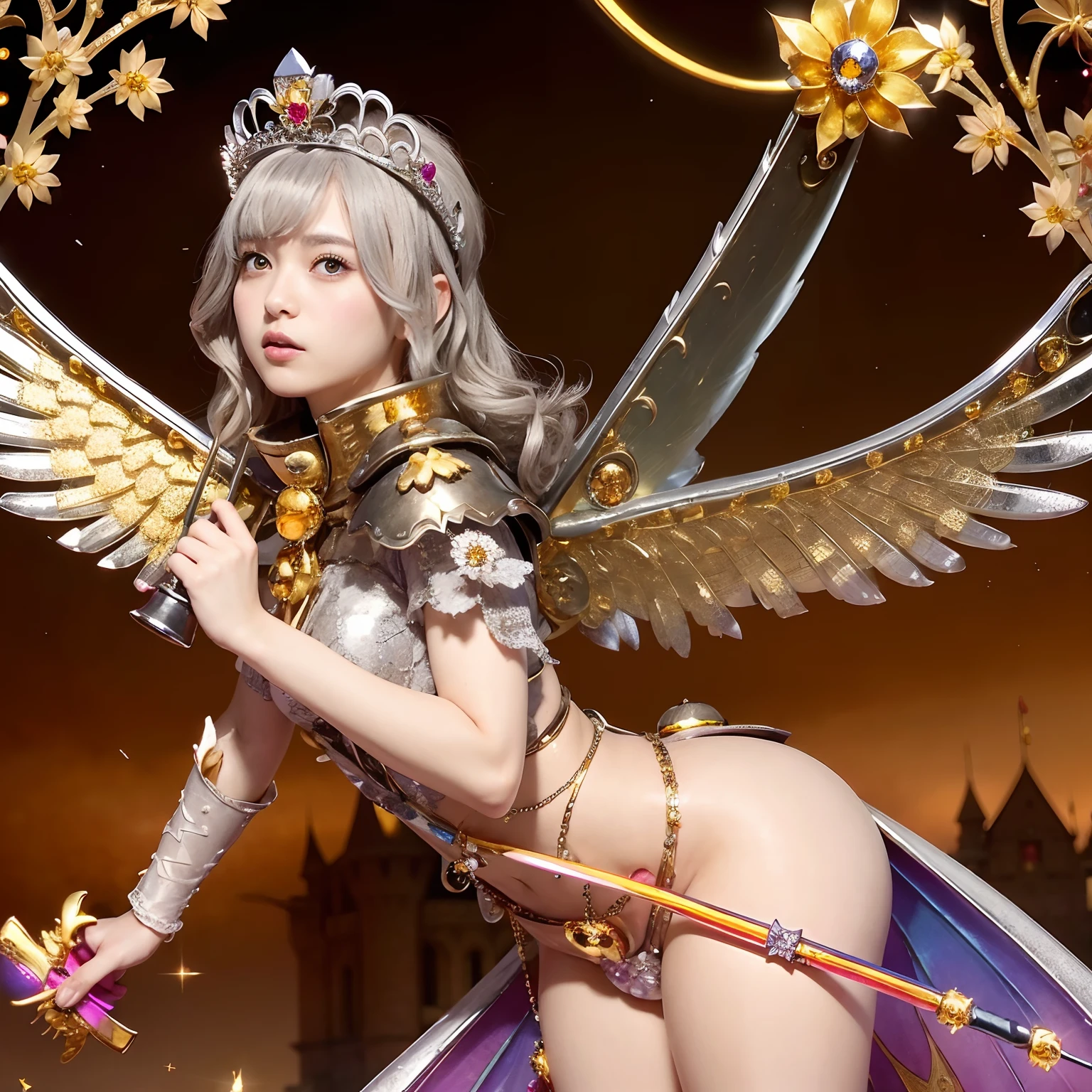 (masutepiece), Professional , ​masterpiece、top-quality、photos realistic , depth of fields （Gemstone Flower Metal Body:1.4),(Matte Silver、Jewel Gold Weapon、（Gorgeous castle background）、（ultimate beauty girl）、（Flower rainbow fairy wings grow）、（Jewel Flower Metal Body:1.９),Gorgeous Jewel Metal Weapons , Detailed Sword of the Brave ,（ a blond）   ,warhammer 40k ,(（Floral Micro Bikini）)、Particles of light、（Beautiful flower garden background）、 adepta sororitas,Detail and ornate jewel crown、2guys、Brown hair、（Gangle's forest background）、Beautiful Caucasian beauty、dynamic ungle,(((Diamond tiara with detail and luxury)))、a small face、Powerful poses、（Gorgeous castle background）、huge filesize、20 year old beautiful woman、Thin female fingers、Straight long hair、Beautiful Caucasian beauty、Valley、Fairy of Light、Particles of light、