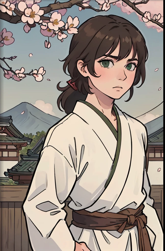 (best quality,realistic:1.2),young boy,brown hair,green eyes,white skin,holding a katana,traditional samurai,serene expression,beautifully detailed hair,sharp and polished katana,kimono attire,spring cherry blossoms,subtle sunlight,soft shadows,authentic Japanese setting,majestic atmosphere