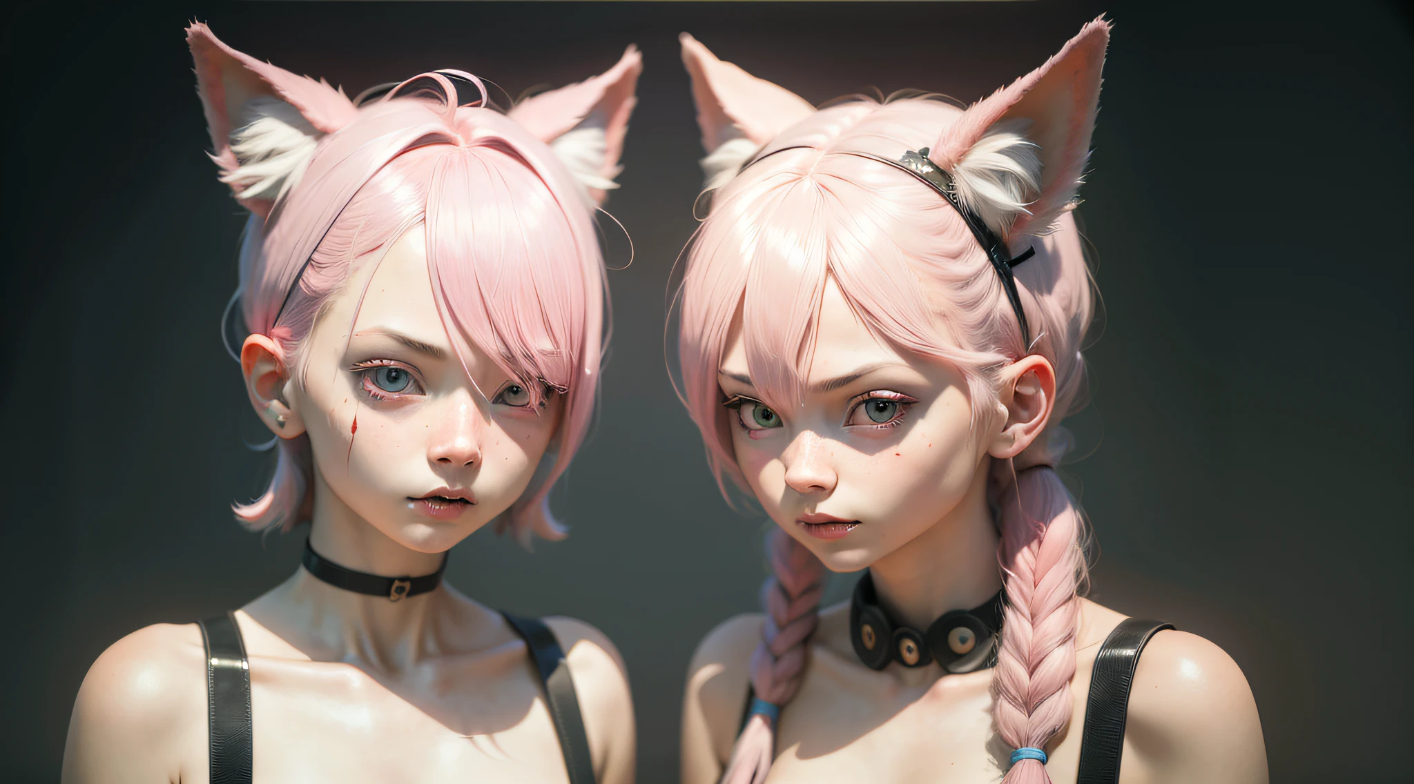 boy and girl side by side, identical twins, faces close together, both pink hair, wince, long eyelashes, solid circular eyes, fake animal ears, slight smile, ear flush, fang, surrealism, drop shadow, anaglyph, stereogram, tachi-e, pov, atmospheric perspective, 8k, super detail, accurate, best quality