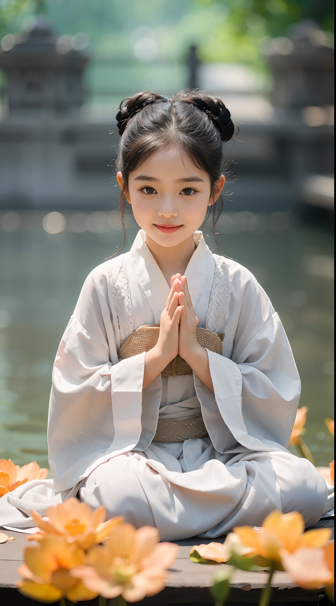 a 3--old earing a white monk's robe，Chubby little face，Big round eyes，A  High Bridge of nose，With a smile，had his hands folded，Sit cross-legged。Lotus pattern on background。k hd