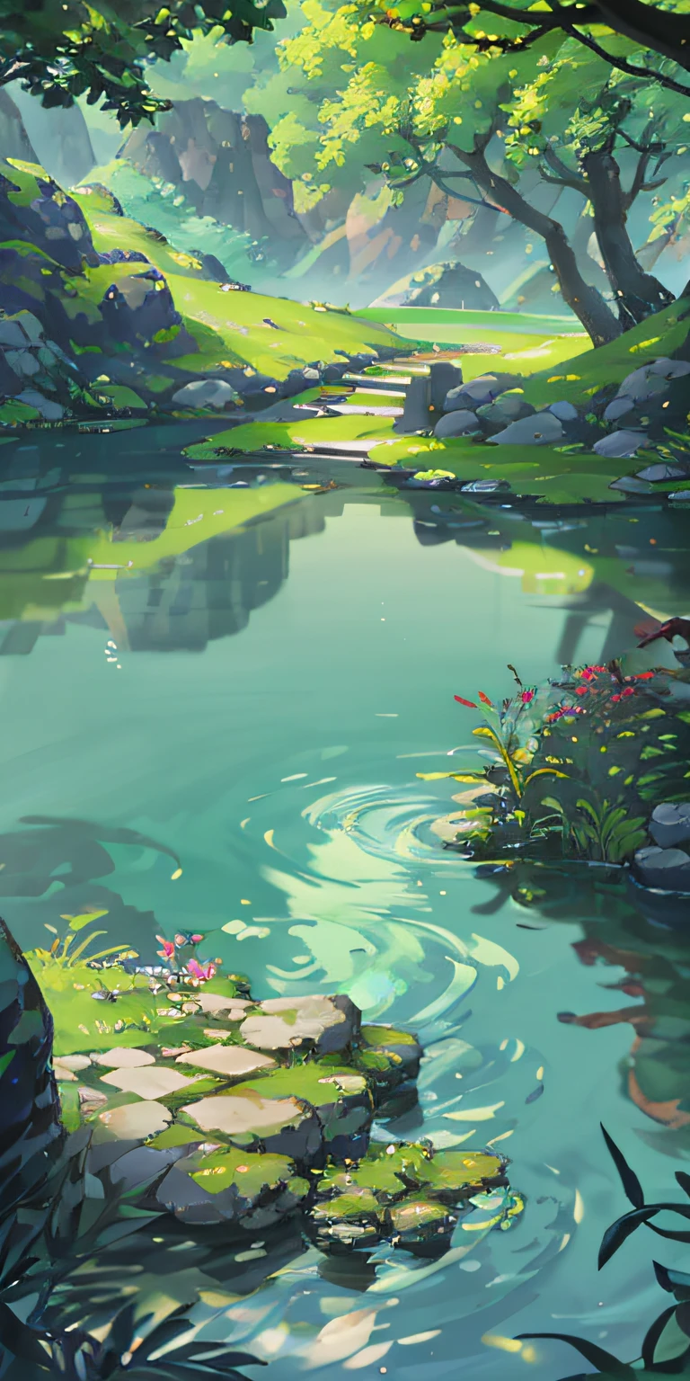 Chinese ancient times, spring, jungle, lake, cave, waterfall, tree, meadow, rock, deer, hot spring, water vapor, (illustration: 1.0), epic composition, realistic lighting, HD details, masterpiece, best quality, (very detailed CG unified 8k wallpaper)