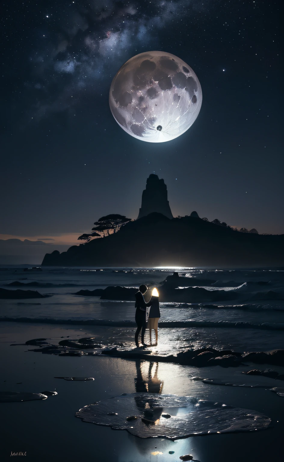 obra-prima, melhor qualidade, ultra-detalhado, illustration, Couple in love holding hands under the moonlight, Full moon in dark sky, solo, Ao ar livre, acampamento, noite, montanhas, natureza, Estrelas, lua, fogueira, floresta, Pedras, rio, madeira, smoke billowing, Sombras, contraste, sky clear, constellations, milky ways, peaceful, sereno, quieto, tranquilo, remoto, isolado, perseverance, resistance, resistance, observation, intuition, adaptabilidade, Criatividade, imagination, arte, inspiration, beleza, admiration, maravilha, gratitude, appreciation, relaxamento, Prazer, rejuvenescimento, mindfulness , consciousness, connectedness, harmonia, equilibrar, textura, detalhe, realismo, profundidade, perspectiva, compositing, cor, luz, sombra, reflection, refraction, tom, contraste, primeiro plano, meio termo, fundo, naturalista, figurativo, representacional, impressionista, expressionista, abstrato, inovador, experimental, only one, grande lua cheia