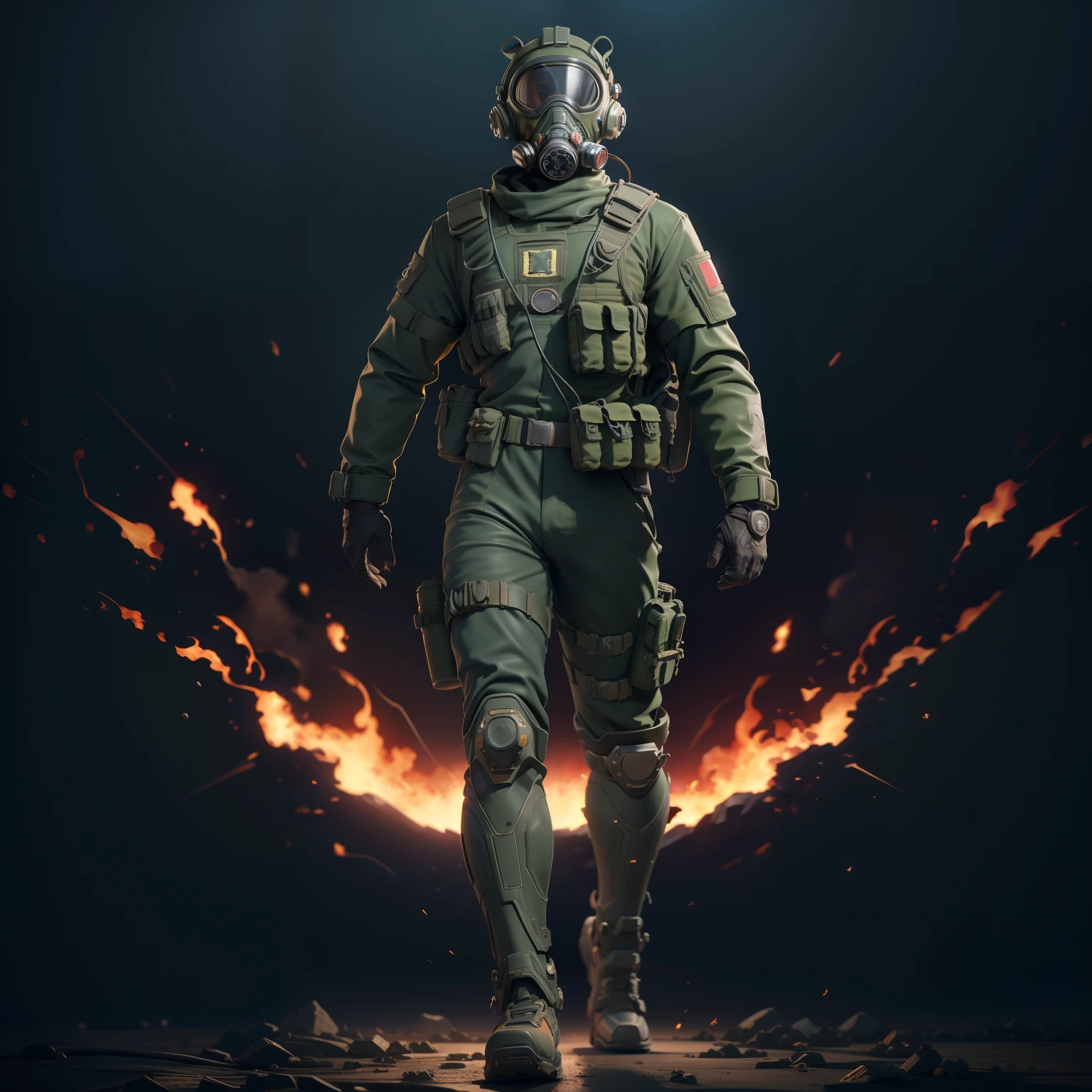 Full body view, asterpiece influence Nuclear Matyr man, he survived Nuclear war, full body view, wearing gas mask, highly detailed, confidentiality fosed, 8k resolution, high quality