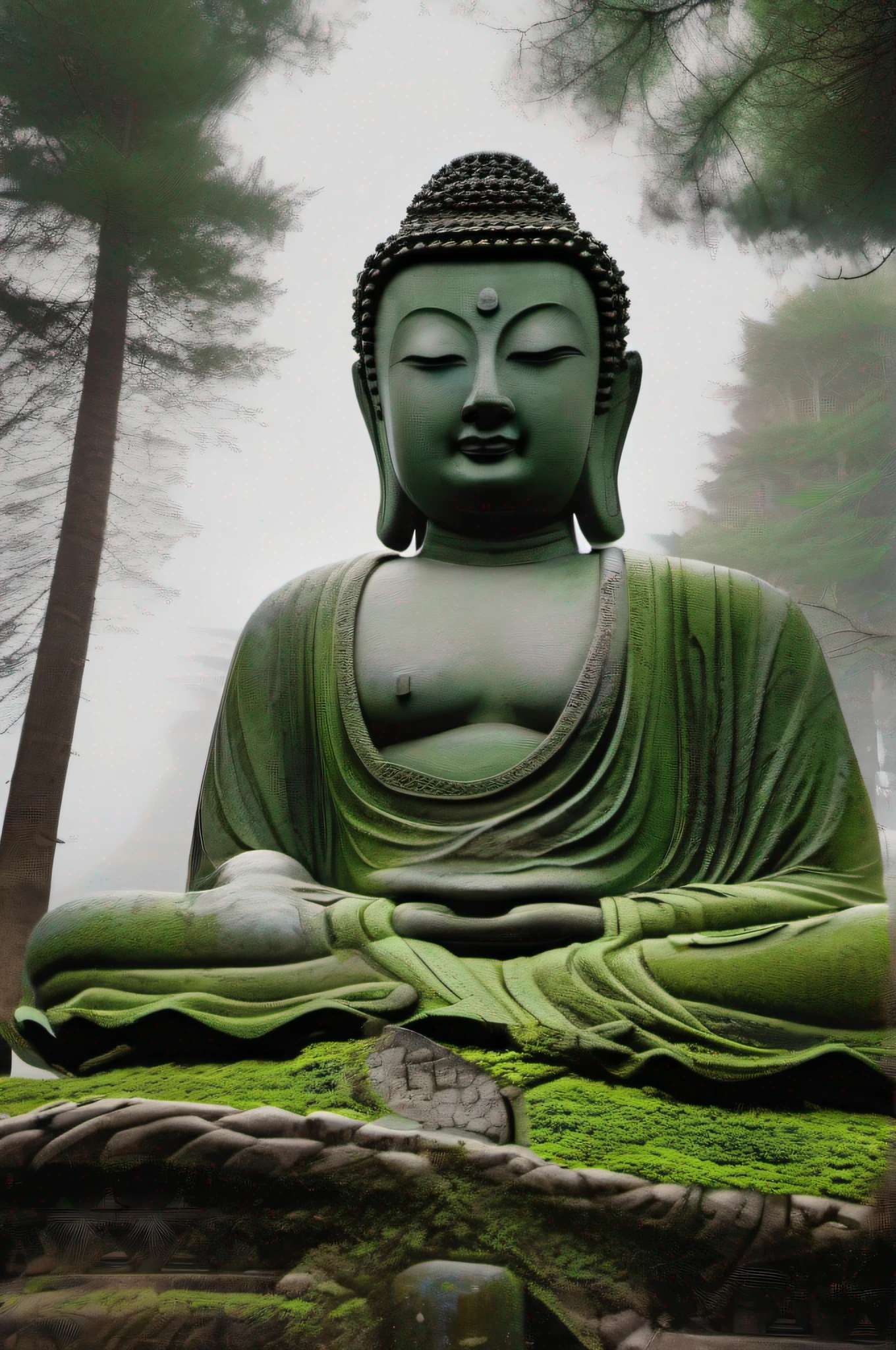 Close-up of a statue with its back leaning against a mountain,One with the mountains,Covered in moss, a Buddhist Buddha, face with artgram, Buddhism, Peaceful face, Buddhist,,详细的脸, Stoic face,photore, Zen temple background,of a real,Pubic area is clear,Movie quality,