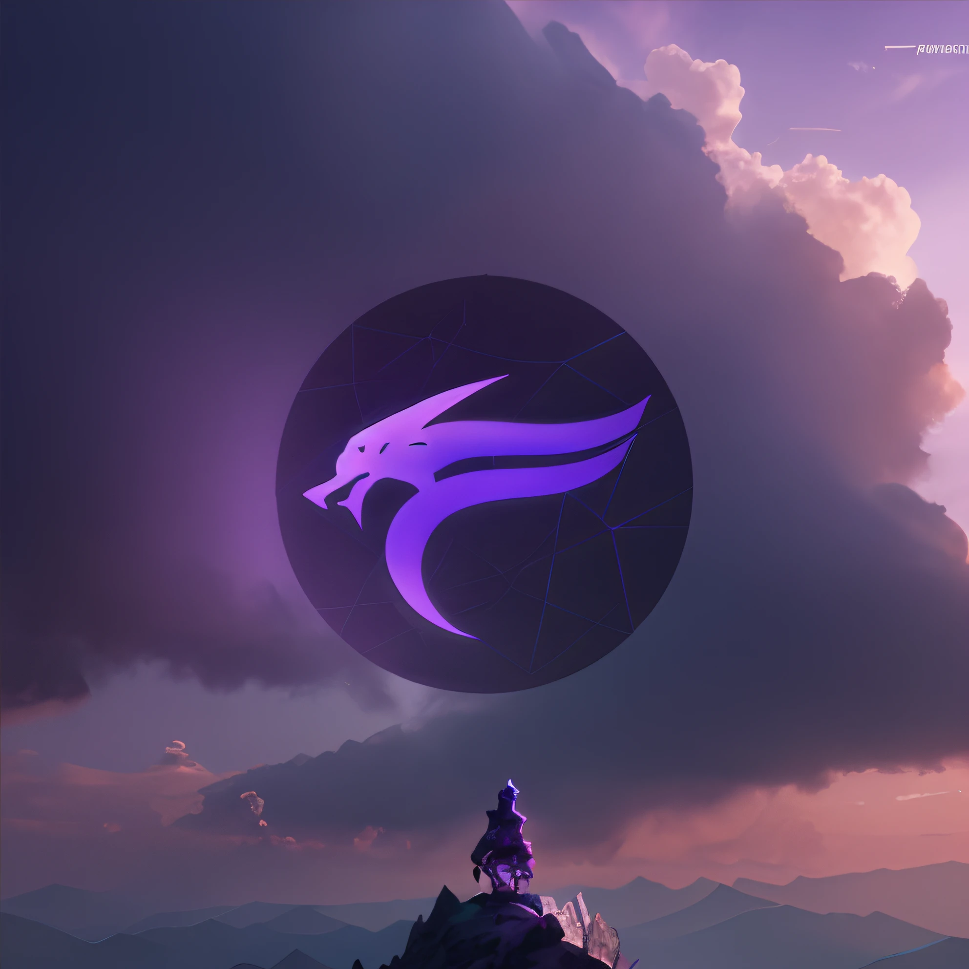 a boy standing on mountain looking up with background is a purple and white logo with a white dragon on it, logo without text, phoenix, discord profile picture, esports logo, flight, icon, trending on furaffinity, giga, fantasycore, esports, ryuu, femme, zeronis, (fantasy), full frame shot, falcon, furaffinity, honor, logo vector, e-sports, ultra detailed, rendered, best photo, intricate details, Adobe Photoshop, 32k, minimalist art, Fantasy world Background, Purple light, dream world background, no human, no men, no women, logo still like that, no watermak, 1 man standing, cloud