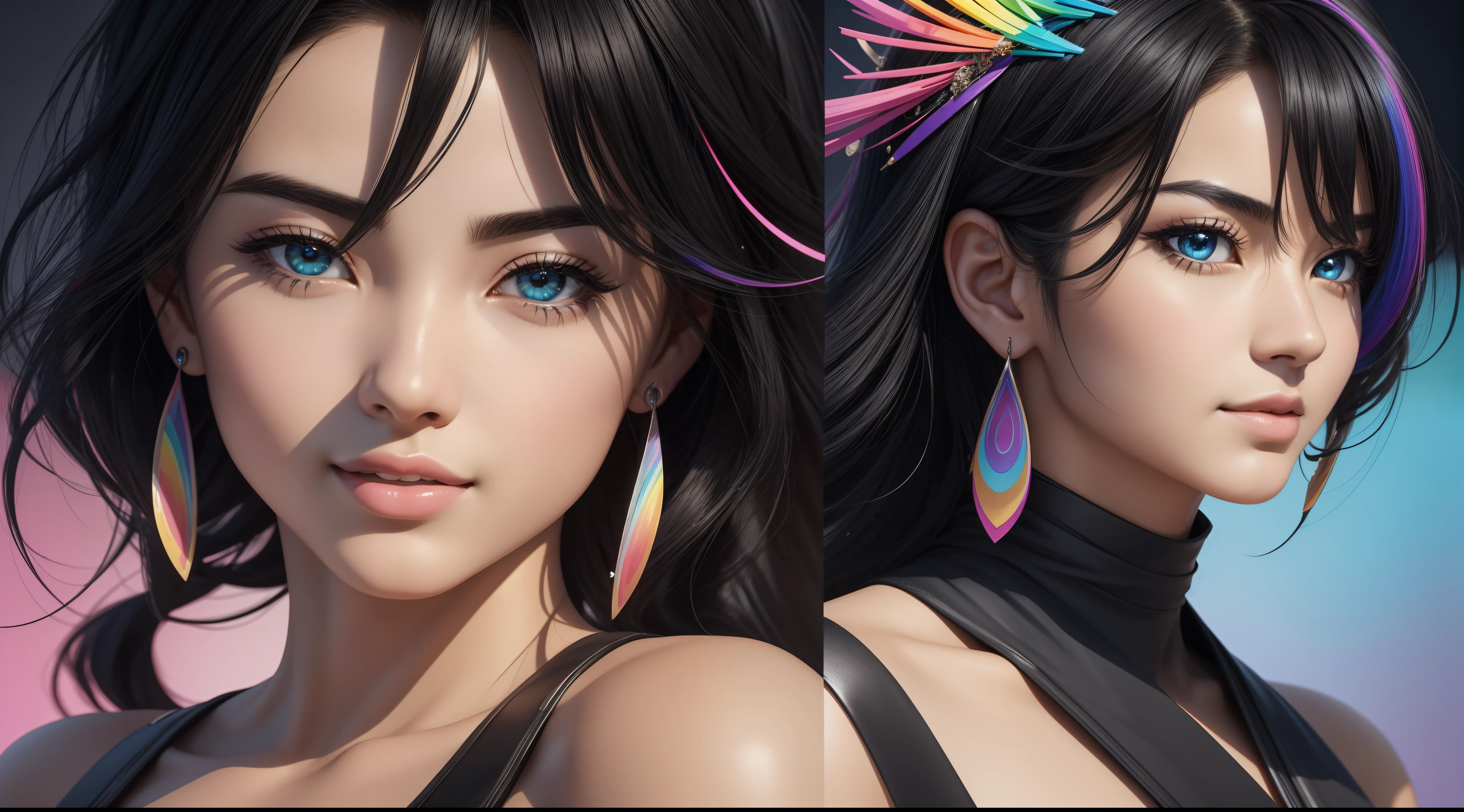 "20 years old cheerful Fubuki is a real masterpiece with feminine beauty, solo, perfect anatomy. Olpntng style, colorful rainbow, black samurai outfit, clean design, epic Instagram, artstation, full full of color paint streaks, circles, contours When you look at her Beautiful eyes you will clearly see every little detail and perfect lines, every detail on the skin is beautiful in 8K quality. Mesmerized by the confidence that radiates from every glance. His head has black hair and his face has been meticulously painted in every detail with 8K image quality."
