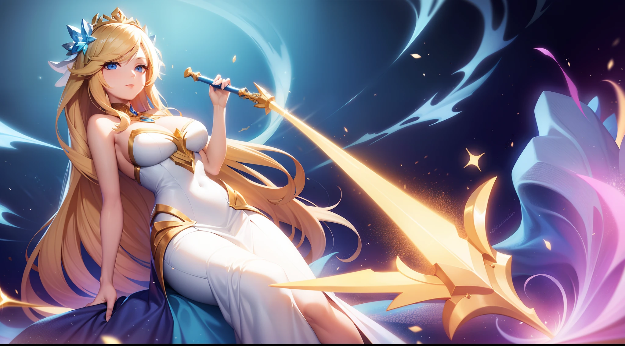 blond hair, blue eyes, elegantly dressed, scepter shining brightly in her hand, goddess of light, riot games splash art