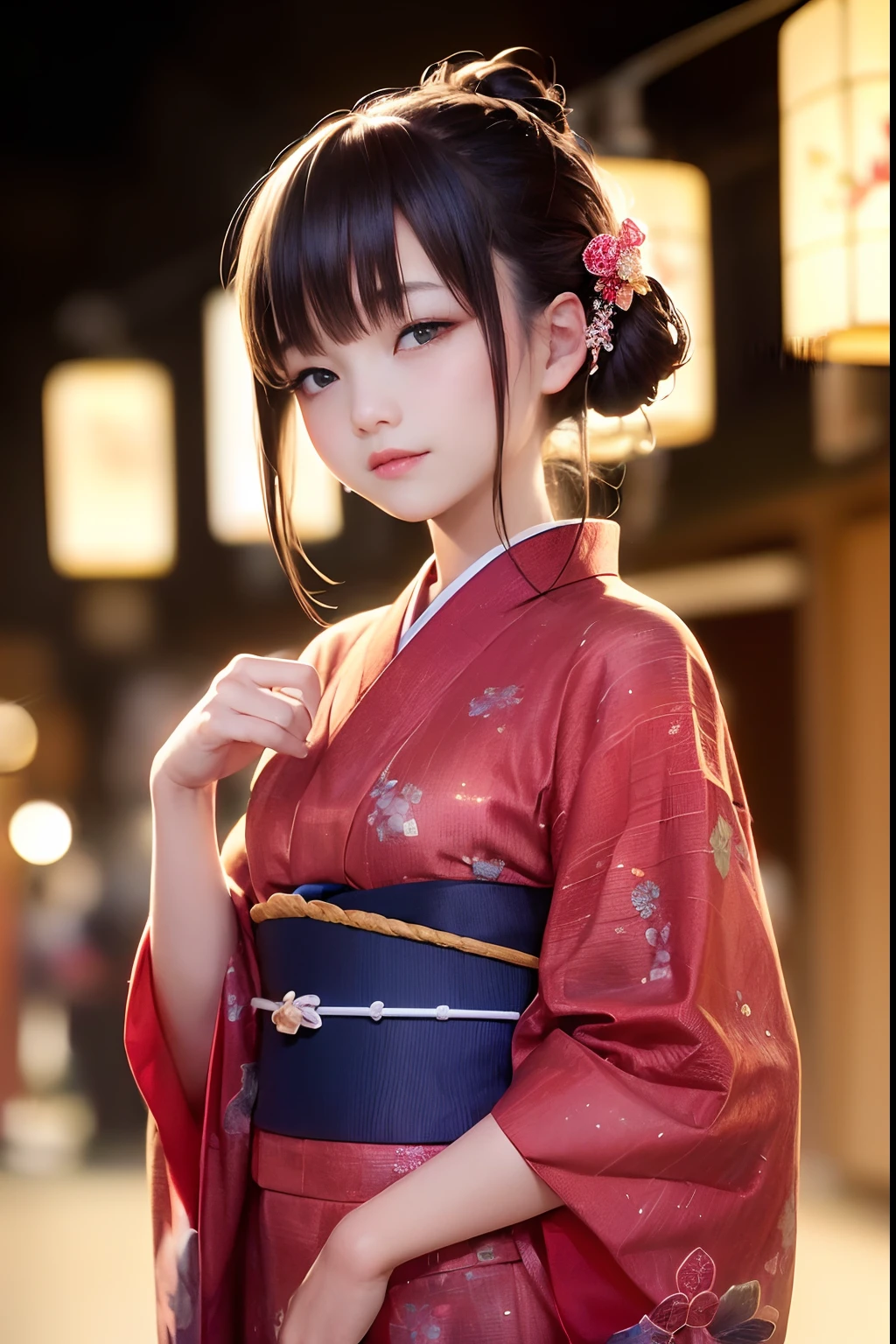 Upper body from the waist up、Are sleeping、nap、(Sleeping with your eyes closed)、(4In K、masterpiece、hight resolution、Realistic and beautiful light and shadow、One girl、Solo Focus、(top-quality)、(Hi-Res)、(extremely delicate and beautiful)、(Beautiful 8k face)、(Brown-eyed)、(I close my eyes while smiling.)、(独奏)、(Clear skin)、(Soft hair)、(hugetits)、(Plaid kimono, Red and blue floral yukata)、((Awa Odori Pose))、((Bokeh lantern light night background))、((speedo))、(reality)、thin and small nose、(red lipsticks)、(Reddening cheeks)、poneyTail、(Lustrous skin)、((Ukiyo-e style))、Ultra-thin eyebrows、Ultra high image quality、(Wearing maiko-style makeup)、skin whitening、long and beautiful lashes、Turning around in the style of a Kyoto magazine model、((s asleep))、Lustrous skin、(Red-dyed cheeks)