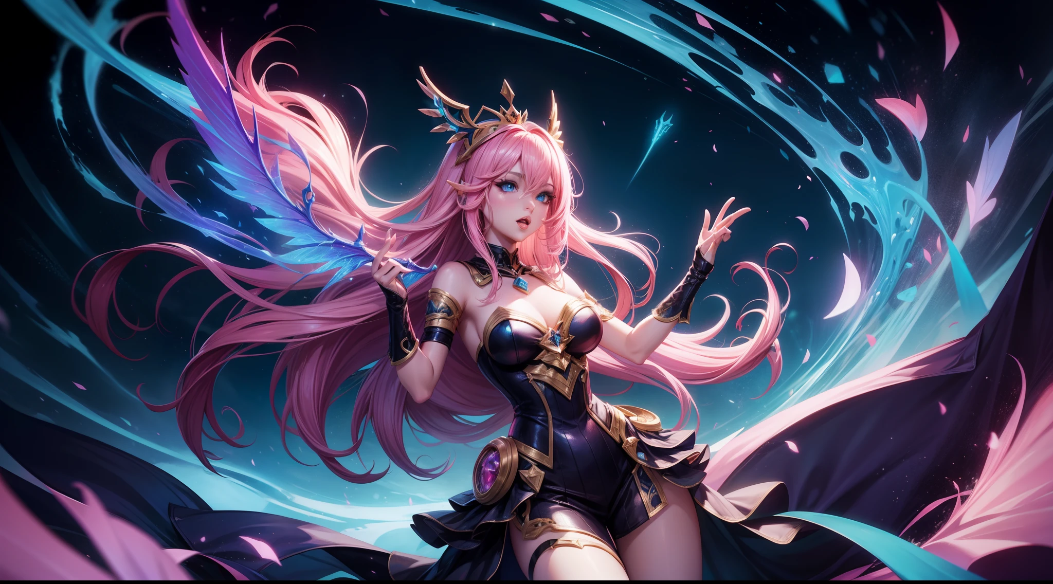Seraphine from League of Legends, Pink long hair, popstar, blue-eyed, singing in concert, Riot Games Splash art