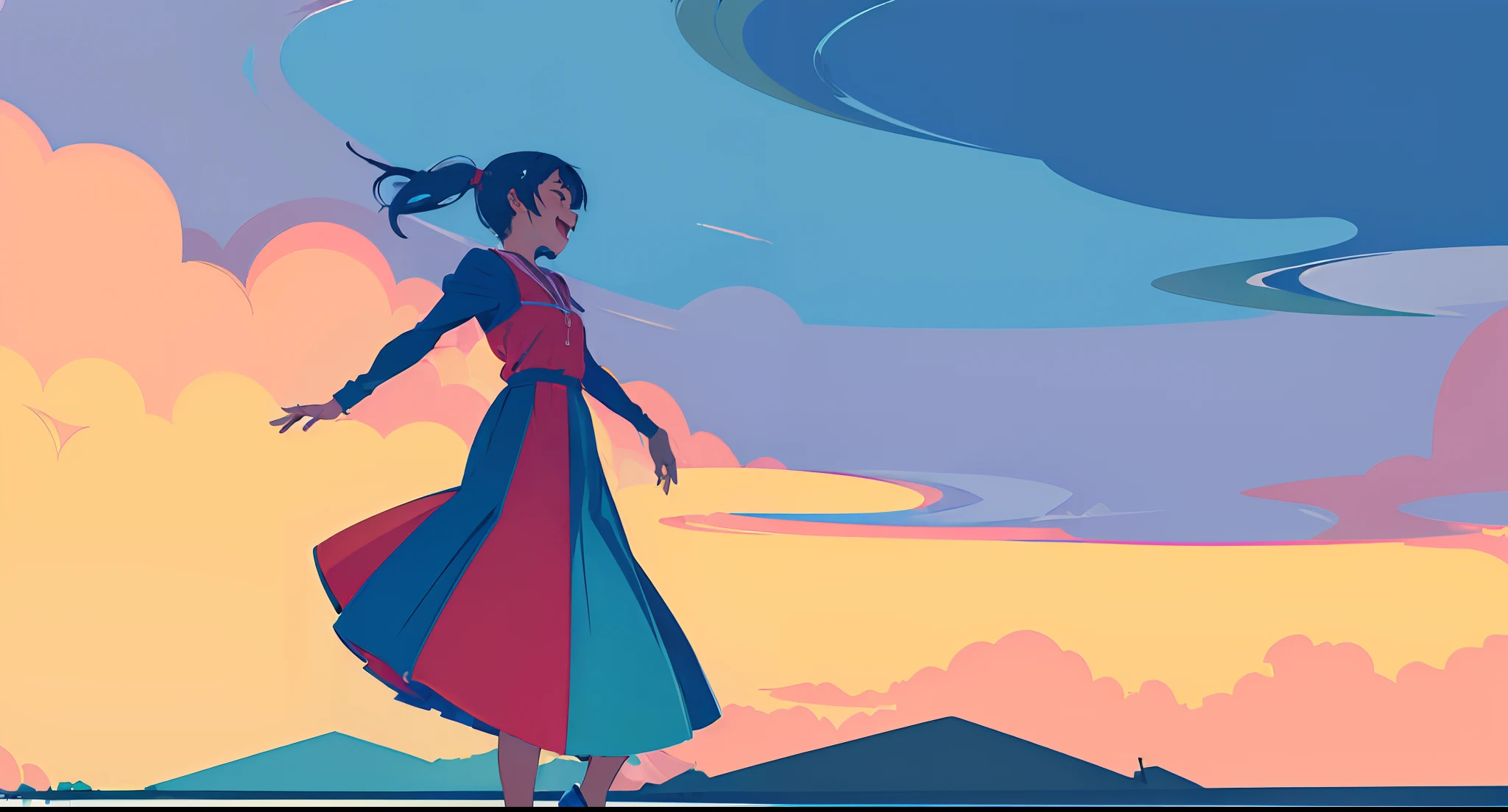 (masterpiece, best quality:1.4), (flat color:1.3),(colorful:1.3),laughing, 1girl, solo, standing colorful water, (2D:1.3), anime style, pastel color