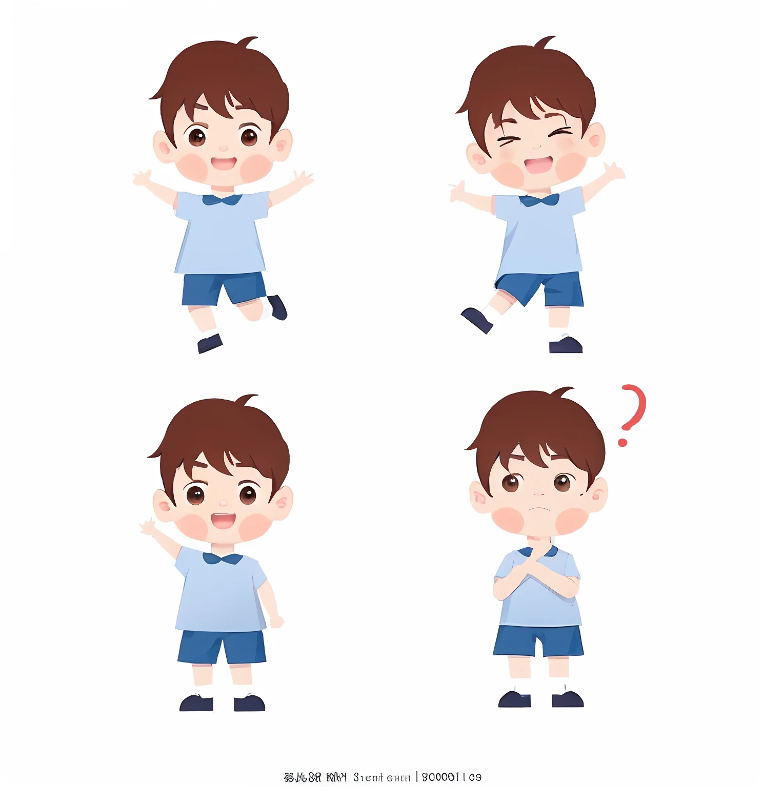 A set of four images of boys with different expressions, a variety of poses, adorable expression, default pose neutral expression, different expression, Confused expression, Cute cartoon character, no gradien, character is standing, an animated character, cute character, high quality character design, confused facial expression, boy with neutral face, character posing, cartoonish vector style, Single character full body