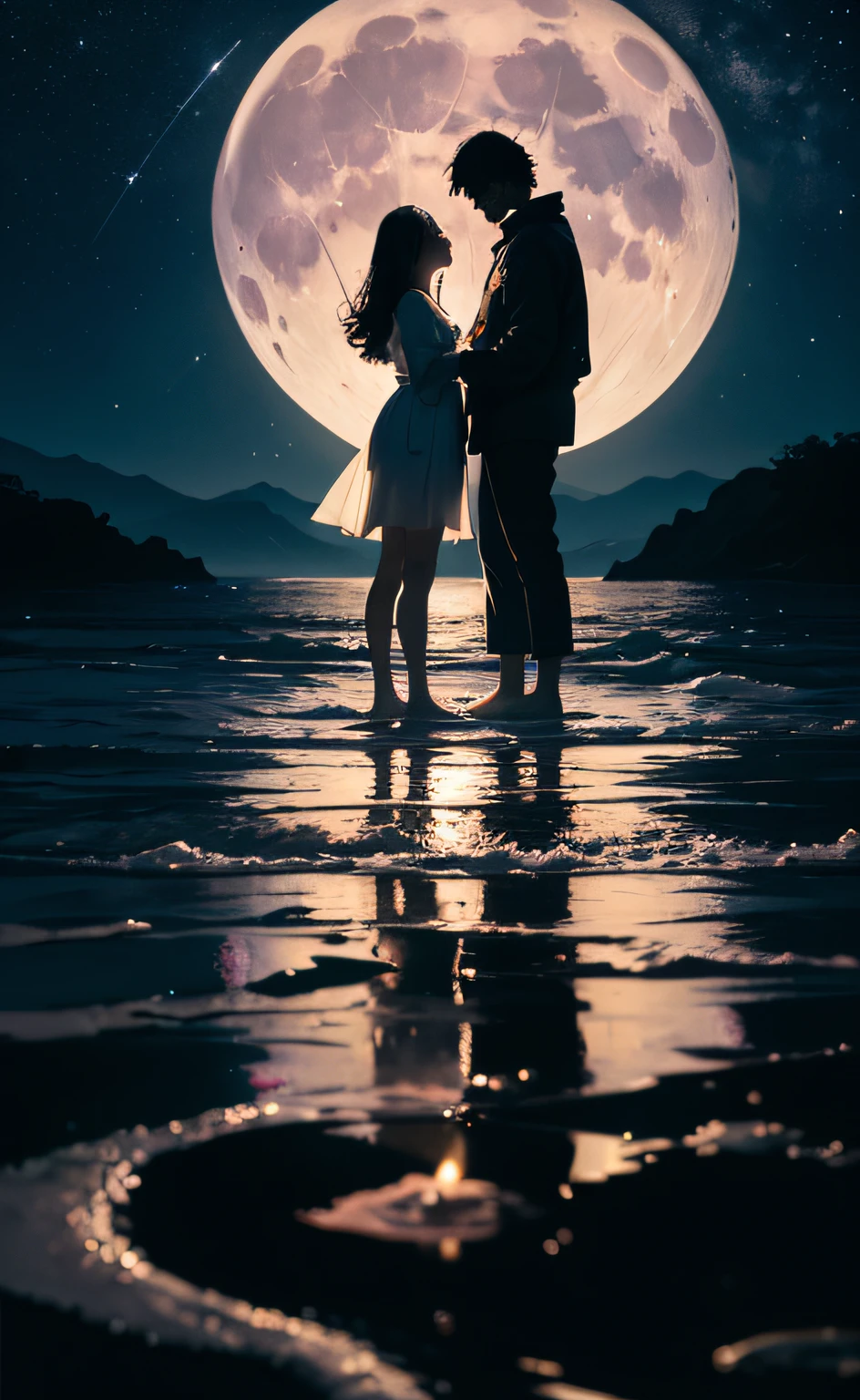 obra-prima, melhor qualidade, ultra-detalhado, illustration, Couple in love holding hands under the moonlight, Full moon in dark sky, solo, Ao ar livre, acampamento, noite, montanhas, natureza, Estrelas, lua, fogueira, floresta, Pedras, rio, madeira, smoke billowing, Sombras, contraste, sky clear, constellations, milky ways, peaceful, sereno, quieto, tranquilo, remoto, isolado, perseverance, resistance, resistance, observation, intuition, adaptabilidade, Criatividade, imagination, arte, inspiration, beleza, admiration, maravilha, gratitude, appreciation, relaxamento, Prazer, rejuvenescimento, mindfulness , consciousness, connectedness, harmonia, equilibrar, textura, detalhe, realismo, profundidade, perspectiva, compositing, cor, luz, sombra, reflection, refraction, tom, contraste, primeiro plano, meio termo, fundo, naturalista, figurativo, representacional, impressionista, expressionista, abstrato, inovador, experimental, only one, grande lua cheia