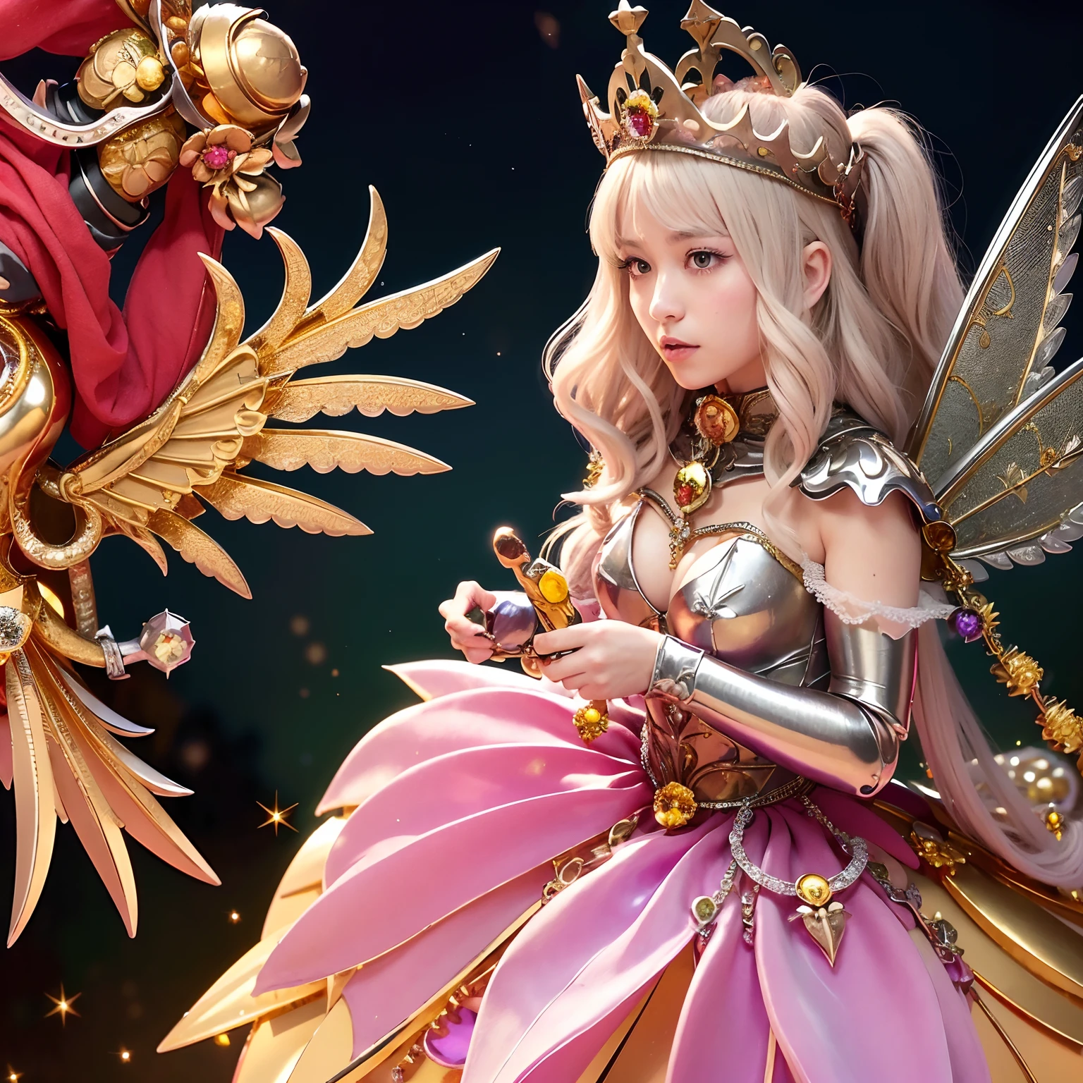 (masutepiece), Professional , masterpiece、top-quality、photos realistic , depth of fields (Gemstone Flower Metal Body:1.4),(Matte Silver、Jewel Gold Weapon、(Gorgeous castle background)、(ultimate beauty girl)、(Flower rainbow fairy wings grow)、(Jewel Flower Metal Body:1.9),Gorgeous Jewel Metal Weapons , Detailed Sword of the Brave ,( a blond) ,warhammer 40k ,((Floral Micro Bikini))、Particles of light、(Beautiful flower garden background)、 adepta sororitas,Detail and ornate jewel crown、2guys、Brown hair、(Gangle's forest background)、Beautiful Caucasian beauty、dynamic ungle,(((Diamond tiara with detail and luxury)))、a small face、Powerful poses、(Gorgeous castle background)、huge filesize、20 year old beautiful woman、Thin female fingers、Straight long hair、Beautiful Caucasian beauty、Valley、Fairy of Light、Particles of light、